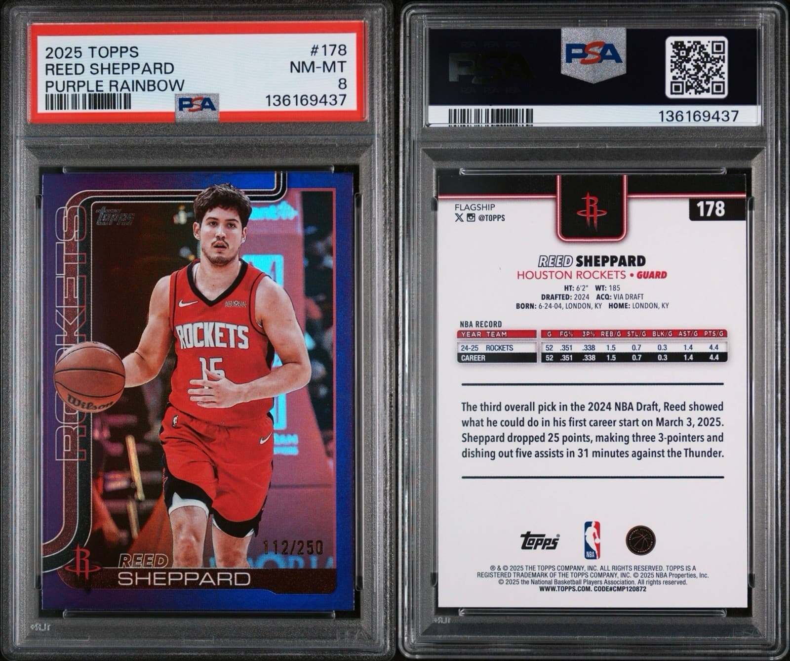 2025-26 Topps - Reed Sheppard #178 Purple Rainbow /250. PSA 8 NM-MT