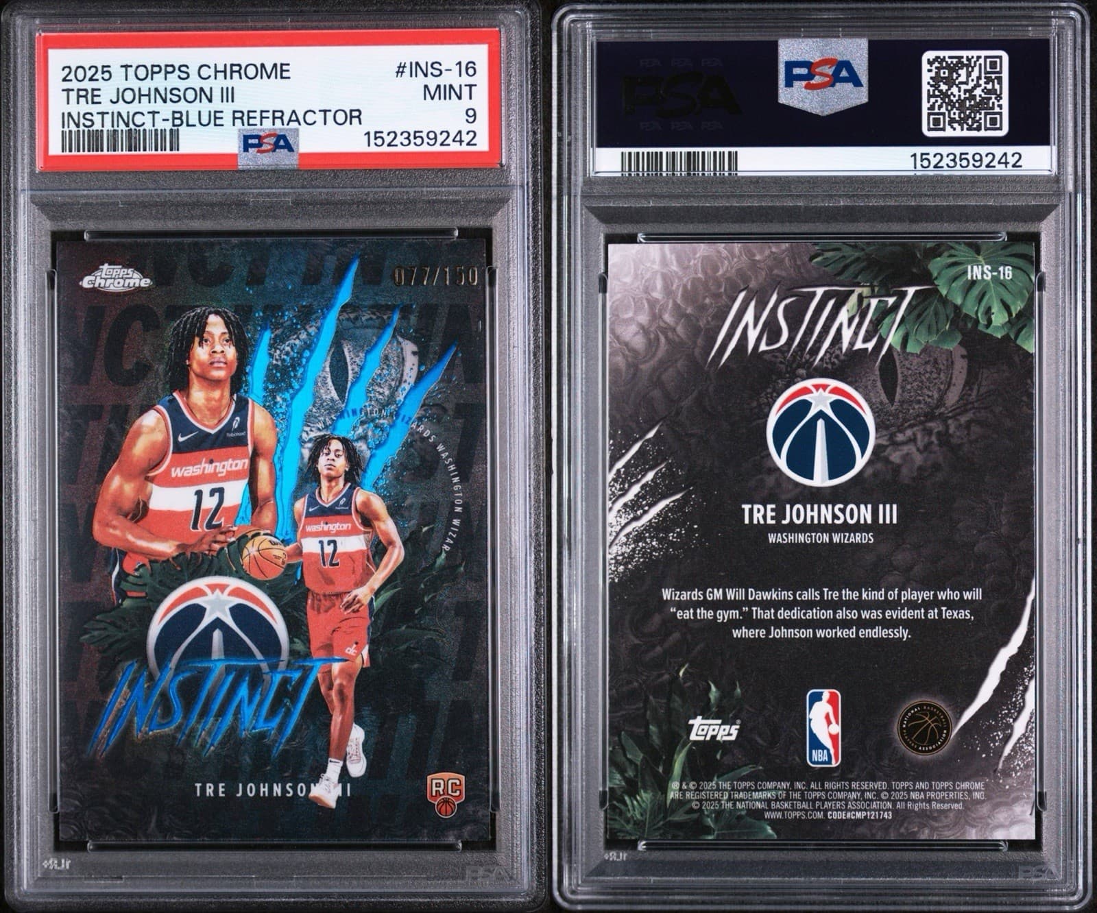 2025 Topps Chrome - Instinct Tre Johnson #INS-16 Blue Refractor /150 (RC). PSA 9