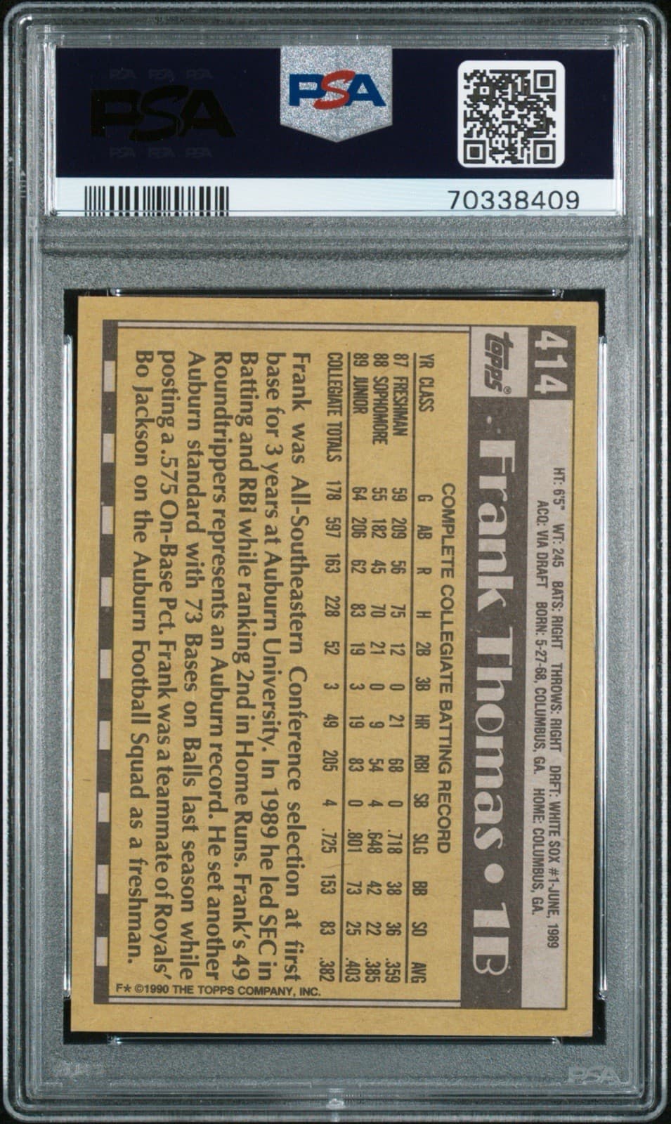 1990 Topps Frank Thomas (RC) #414 Name On Front. PSA 7 NM thumbnail 2