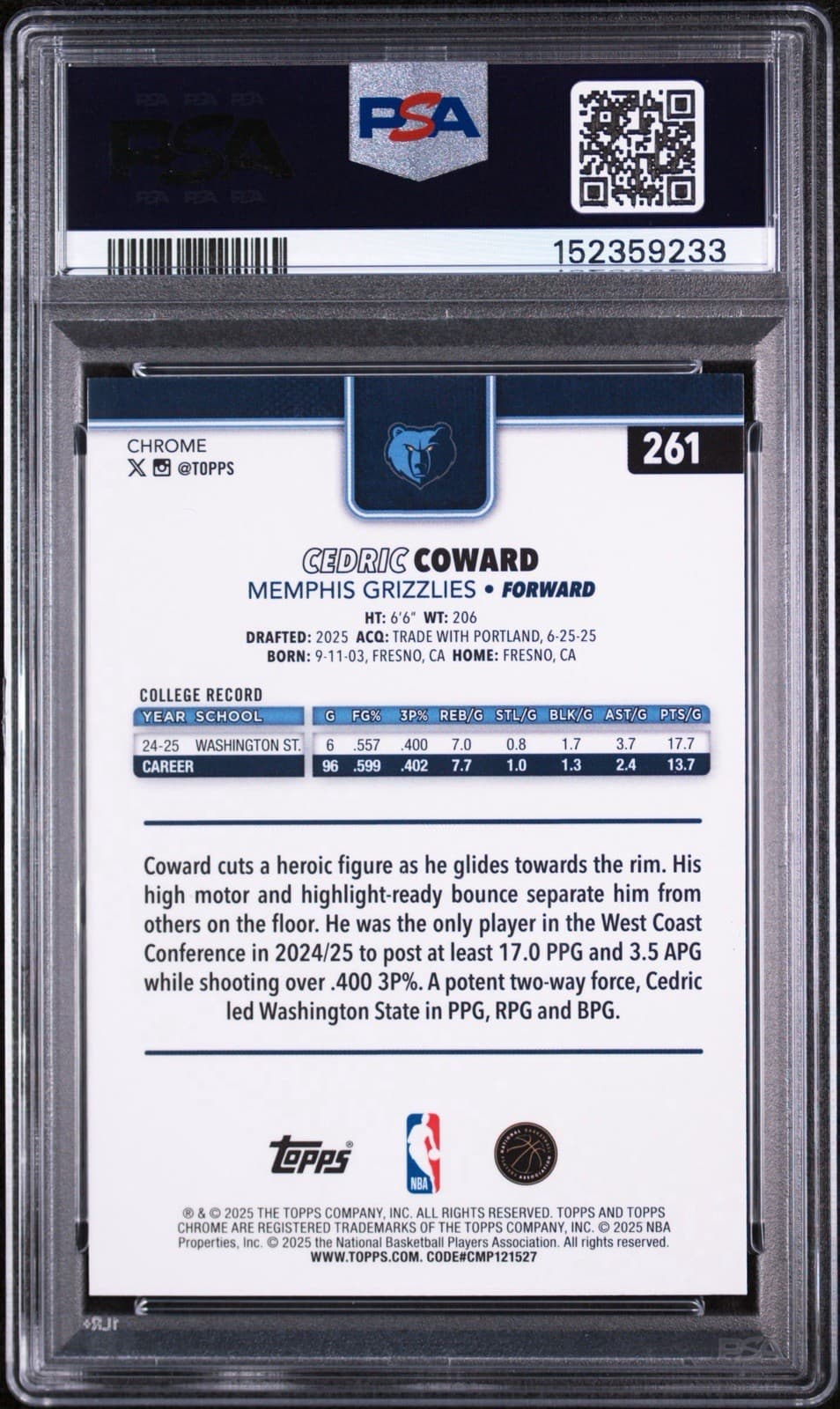 2025 TOPPS CHROME #261 - CEDRIC COWARD SKYLIGHT REFRACTOR (RC). PSA 9 MINT