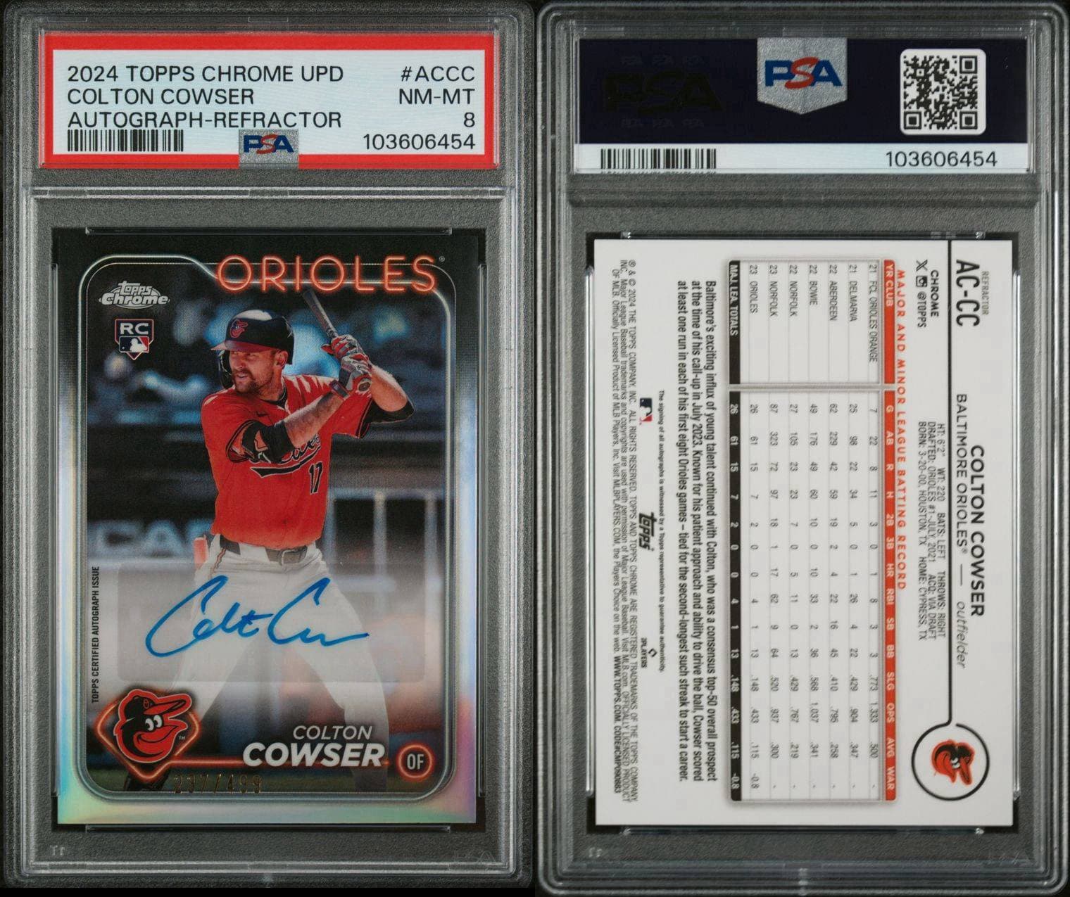 2024 Topps Chrome Update Series - Autographs Refractor Colton Cowser /499. PSA 8
