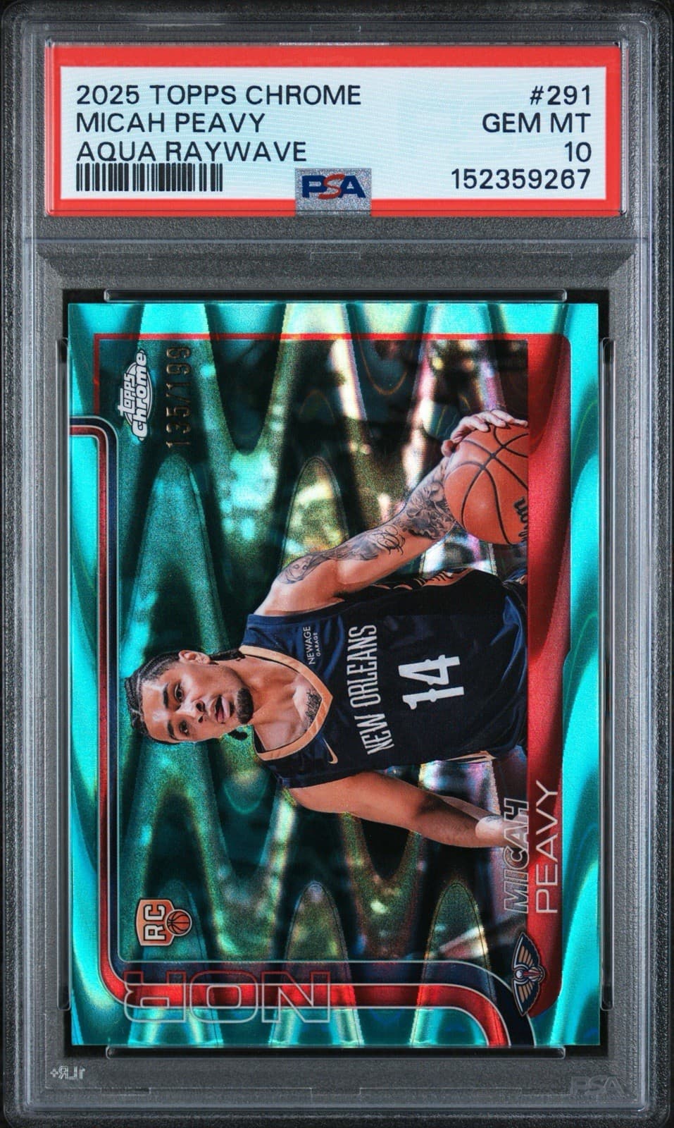 2025-26 Topps Chrome - Micah Peavy #291 Aqua Raywave Refractor /199 (RC). PSA 10