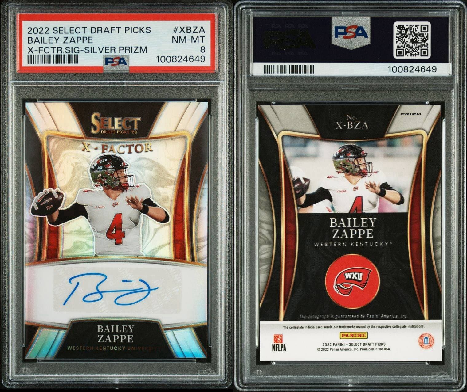 2022 Select Draft Picks Bailey Zappe #XBZA Silver X-Factor Auto PSA 8. Pop 2!