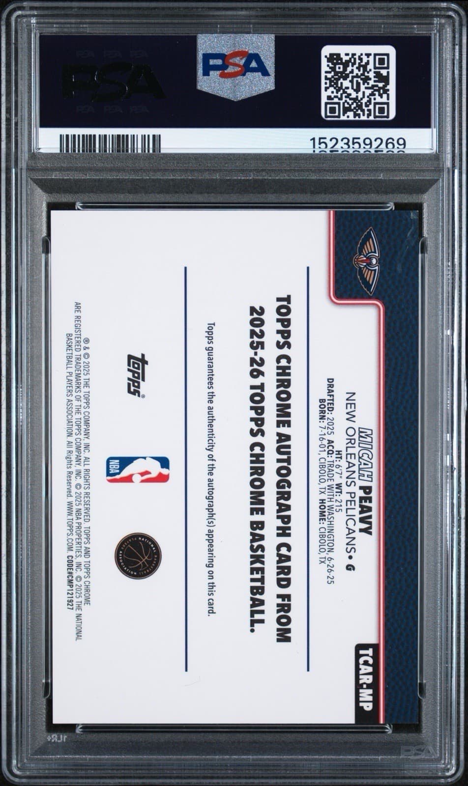 2025-26 Topps Chrome - Rookie Autographs Micah Peavy #TCAR-MP (AU, RC). PSA 9