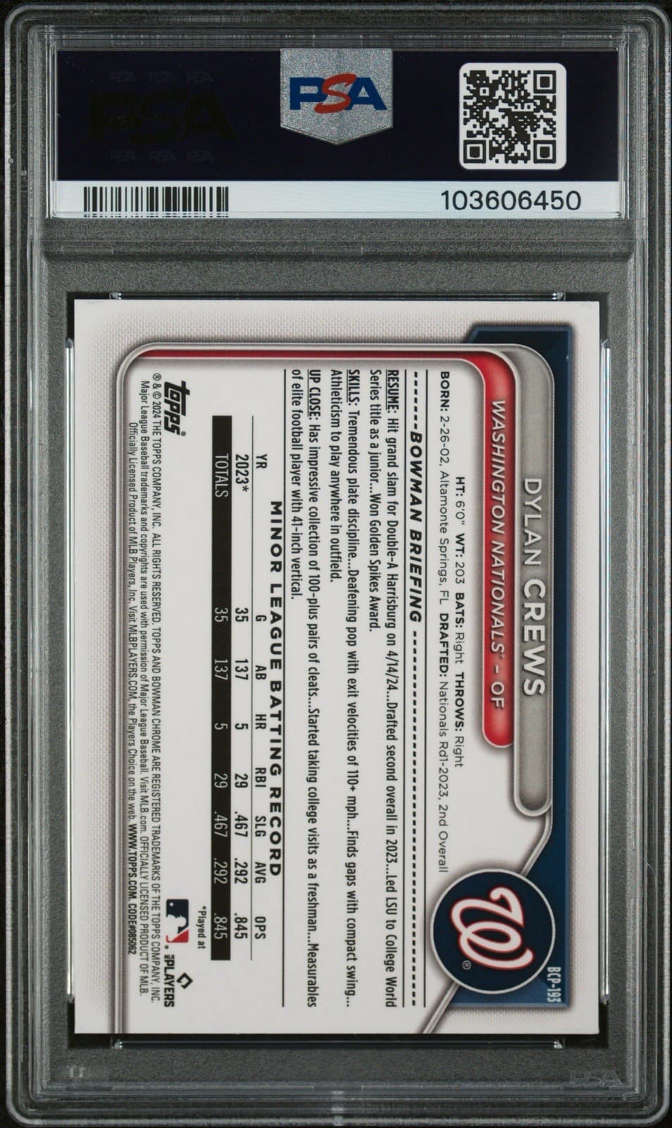 2024 Bowman Chrome Dylan Crews - Prospects Shimmer Refractor. PSA 10. Pop 7!