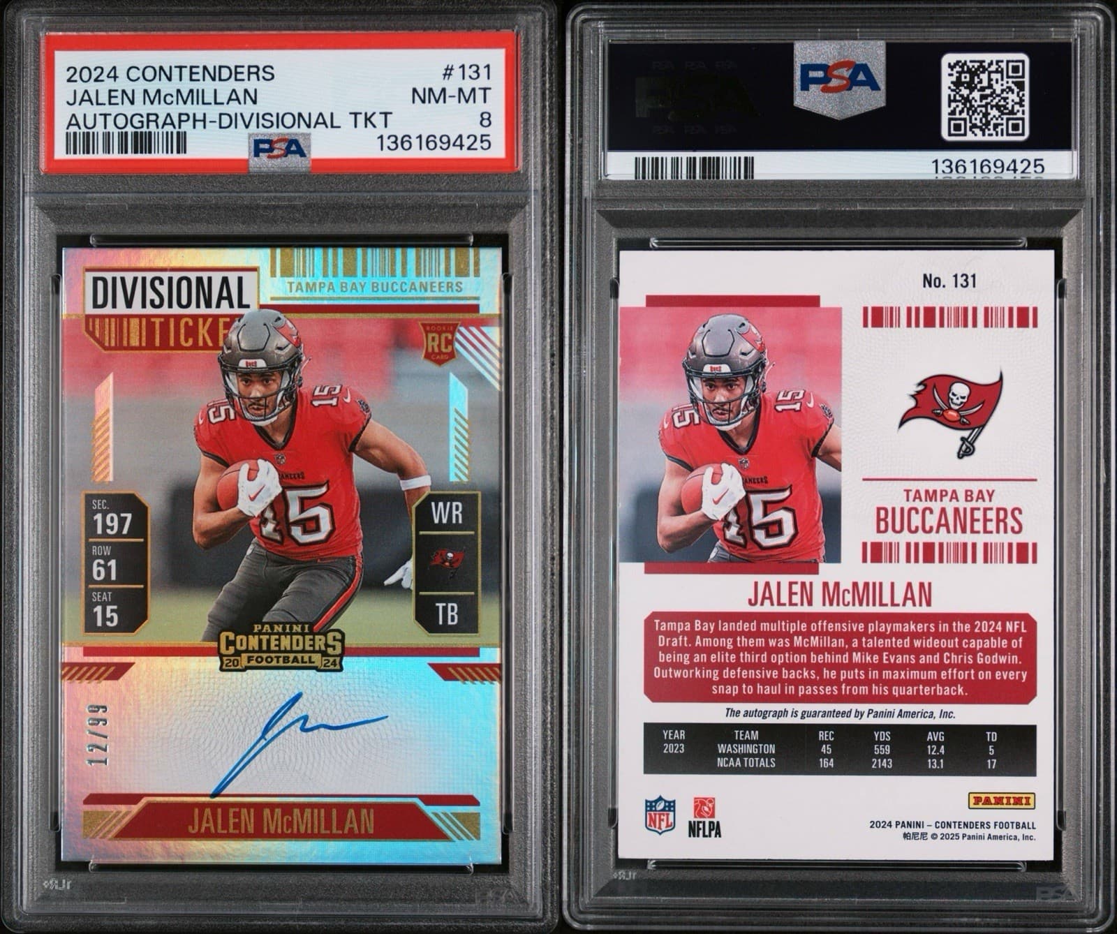 2024 Contenders Jalen McMillan (RC) #131 Autograph Divisional Ticket /99. PSA 8.