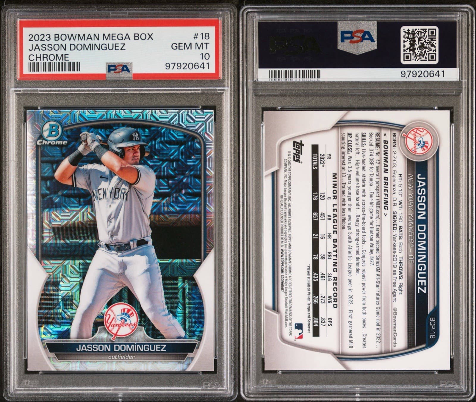 2023 BOWMAN MEGA BOX CHROME  #18 JASSON DOMINGUEZ RC. PSA 10 GEM MT