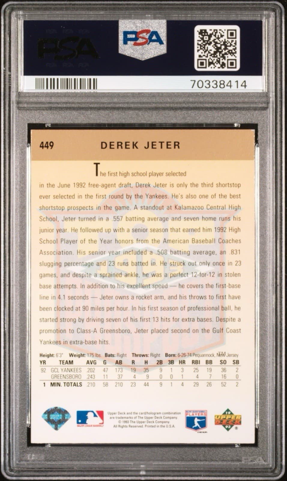 1993 Upper Deck - Derek Jeter #449 (RC). PSA 6 EX-MT