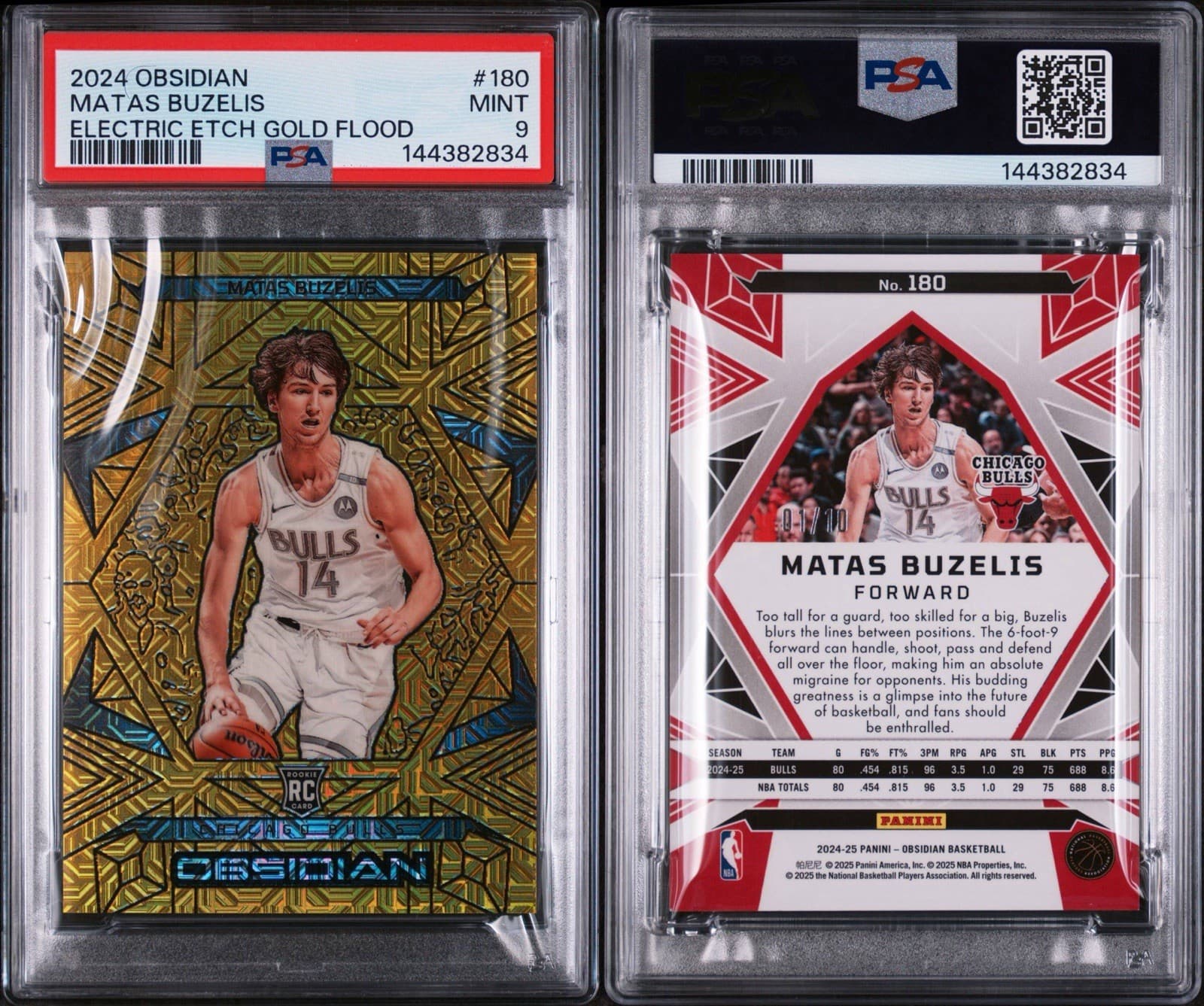 2024 Obsidian Matas Buzelis (RC) #180 Electric Etch Gold Flood 01/10. PSA 9 MINT