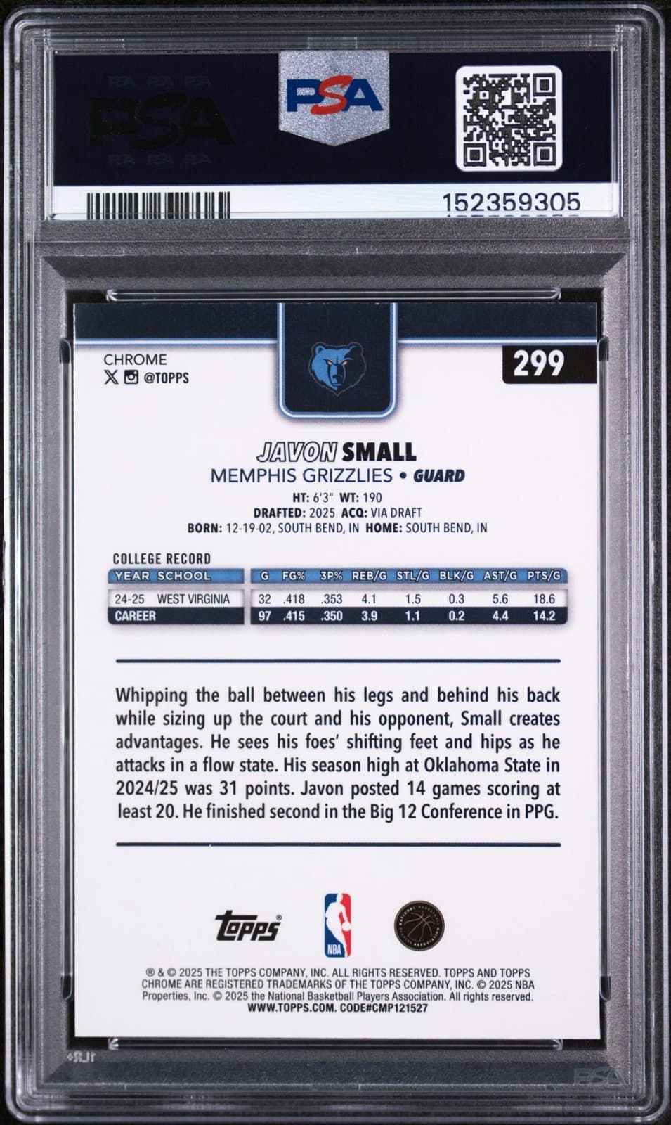 2025 TOPPS CHROME MAGENTA REFRACTOR #299 JAVON SMALL (RC) /399. PSA 9 MINT