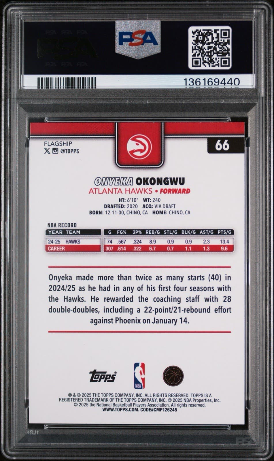2025-26 TOPPS #66 ONYEKA OKONGWU TEAM COLOR BORDER. PSA 9 MINT