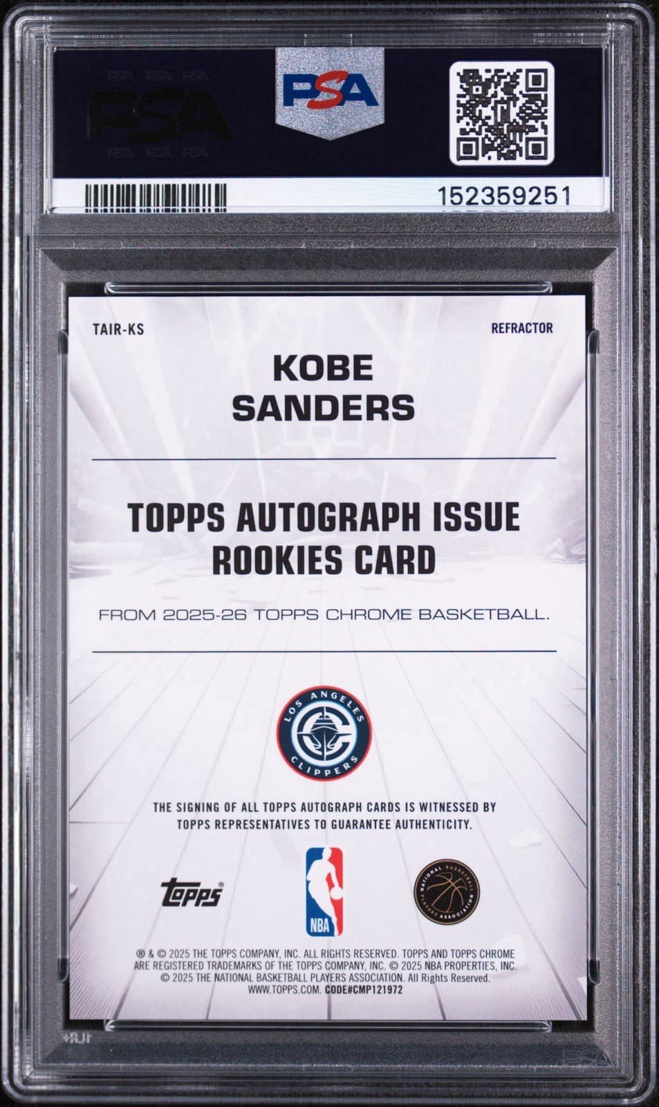 2025 Topps Chrome - Kobe Sanders Autograph Issue Rookies - Refractor. PSA 10 GEM