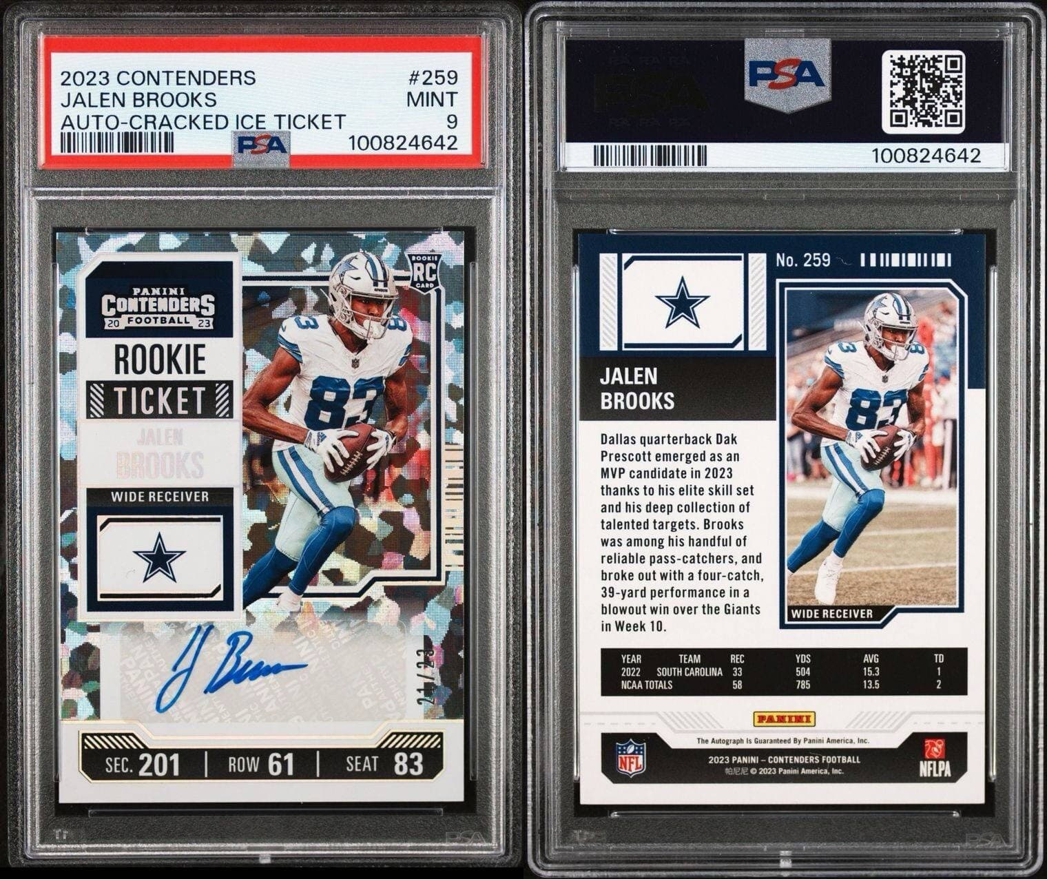 2023 Contenders Jalen Brooks Auto Cracked Ice Rookie Ticket 21/23. PSA 9. Pop 1!