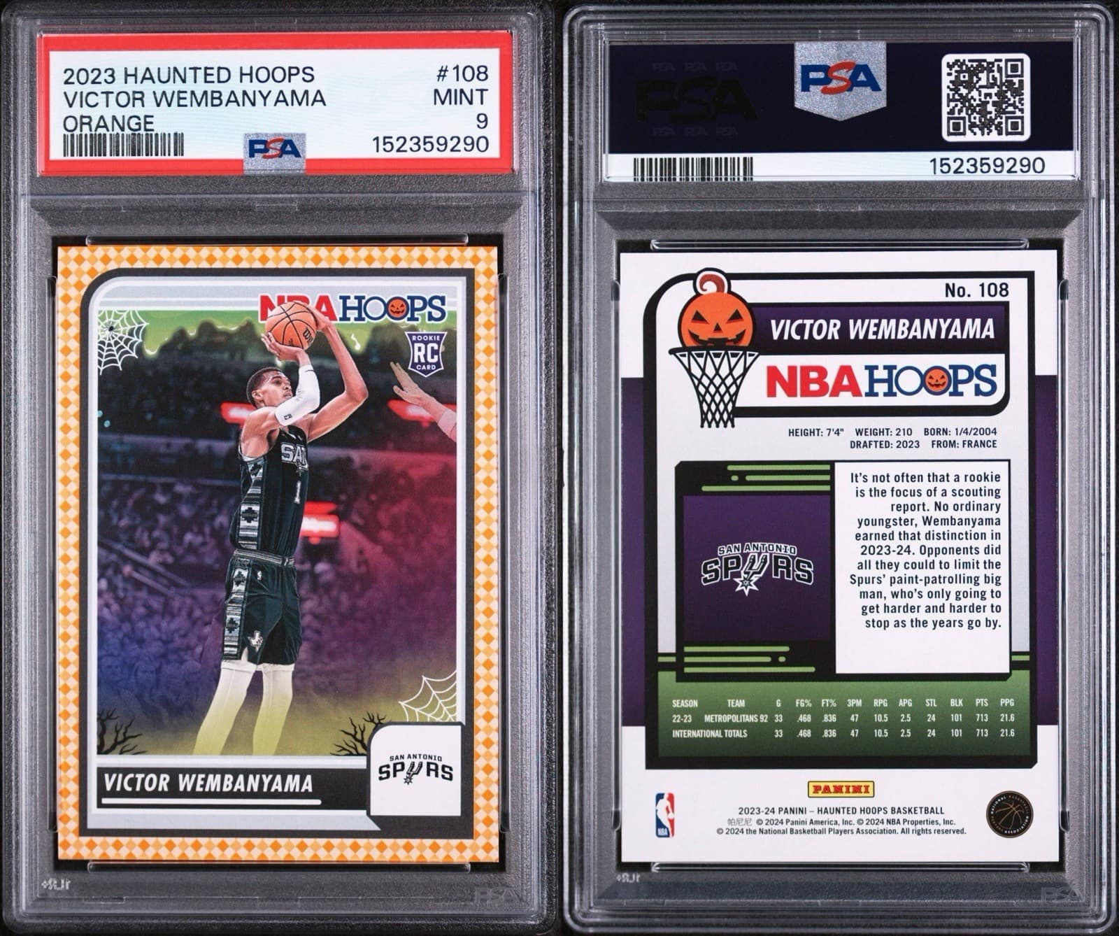 2023-24 Panini Haunted Hoops - Victor Wembanyama #108 Orange (RC). PSA 9 MINT