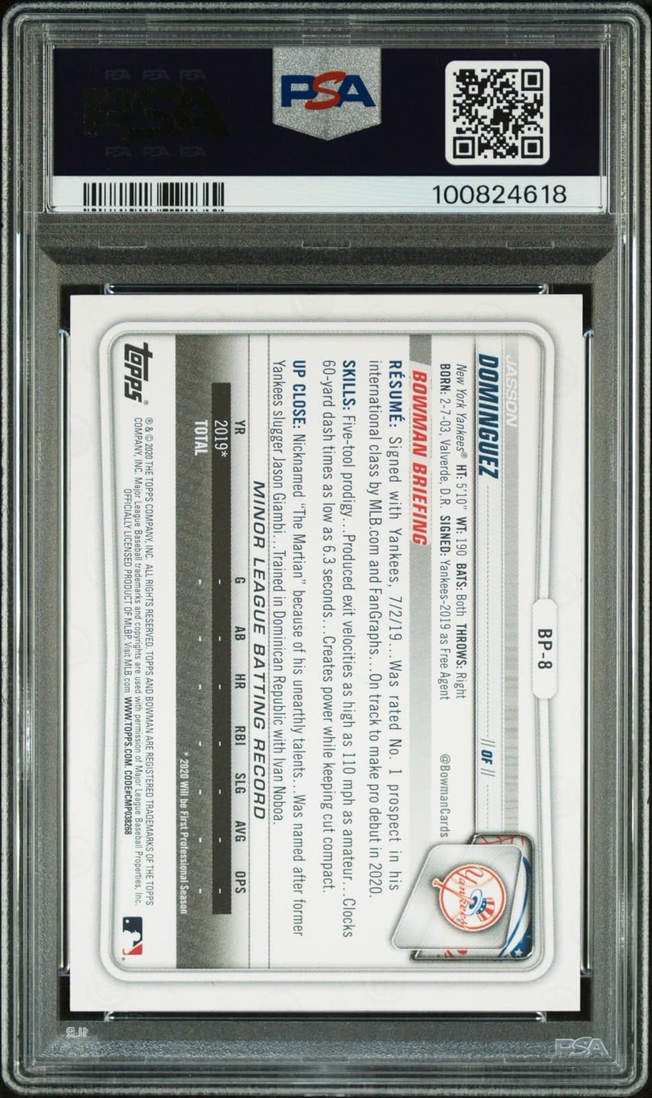 2020 Bowman - Prospects Jasson Dominguez #BP-8 (RC). PSA 9 Mint.