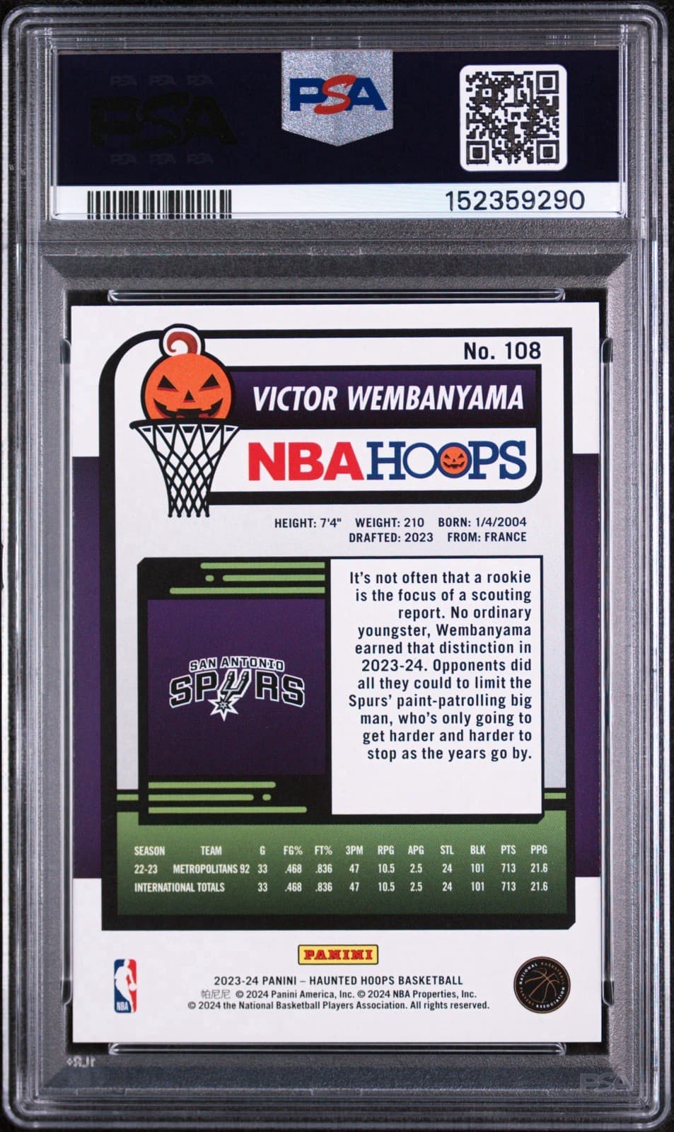 2023-24 Panini Haunted Hoops - Victor Wembanyama #108 Orange (RC). PSA 9 MINT
