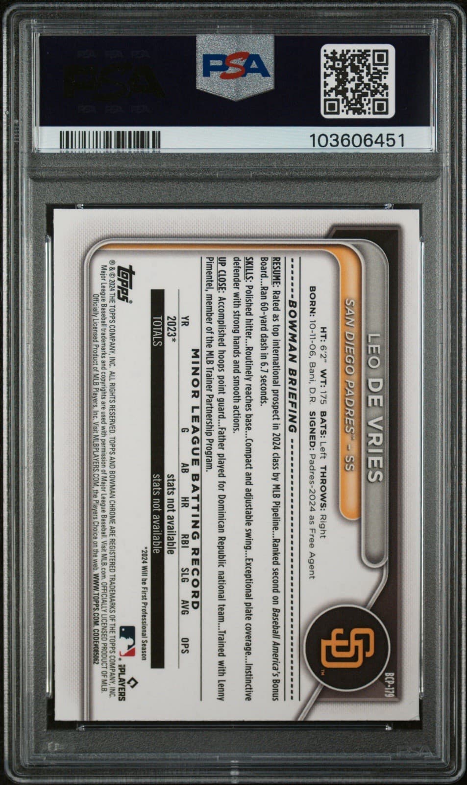 2024 Bowman Chrome - Prospects Leo De Vries #BCP-179 (RC). PSA 10 GEM MT