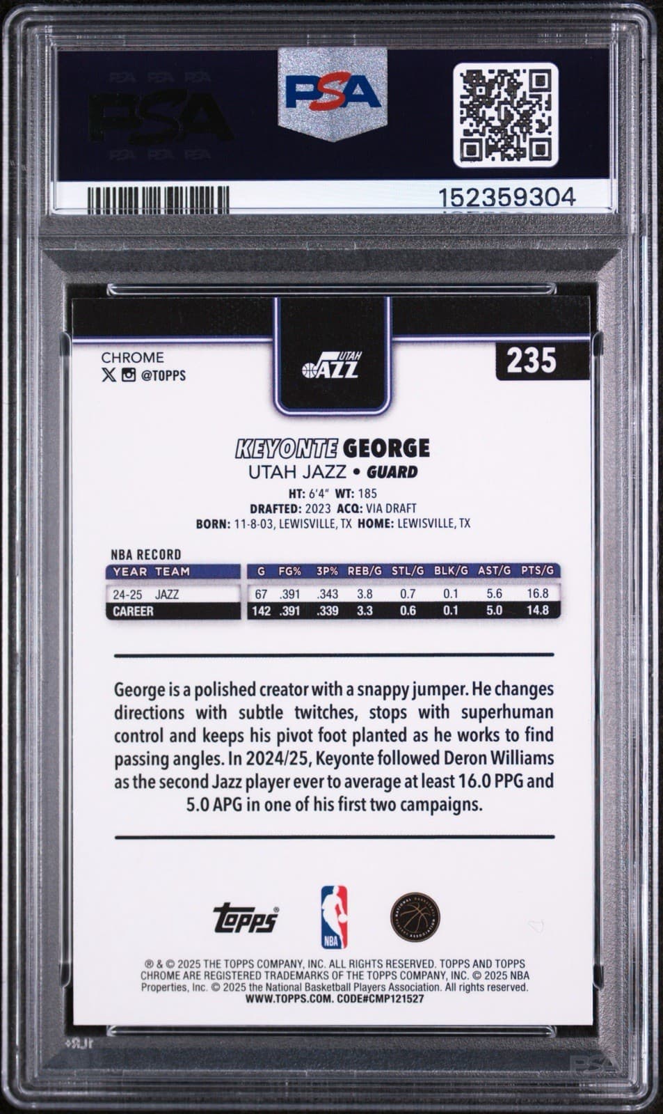 2025-26 Topps Chrome - Keyonte George #235 Green Wave /99. PSA 9 MINT