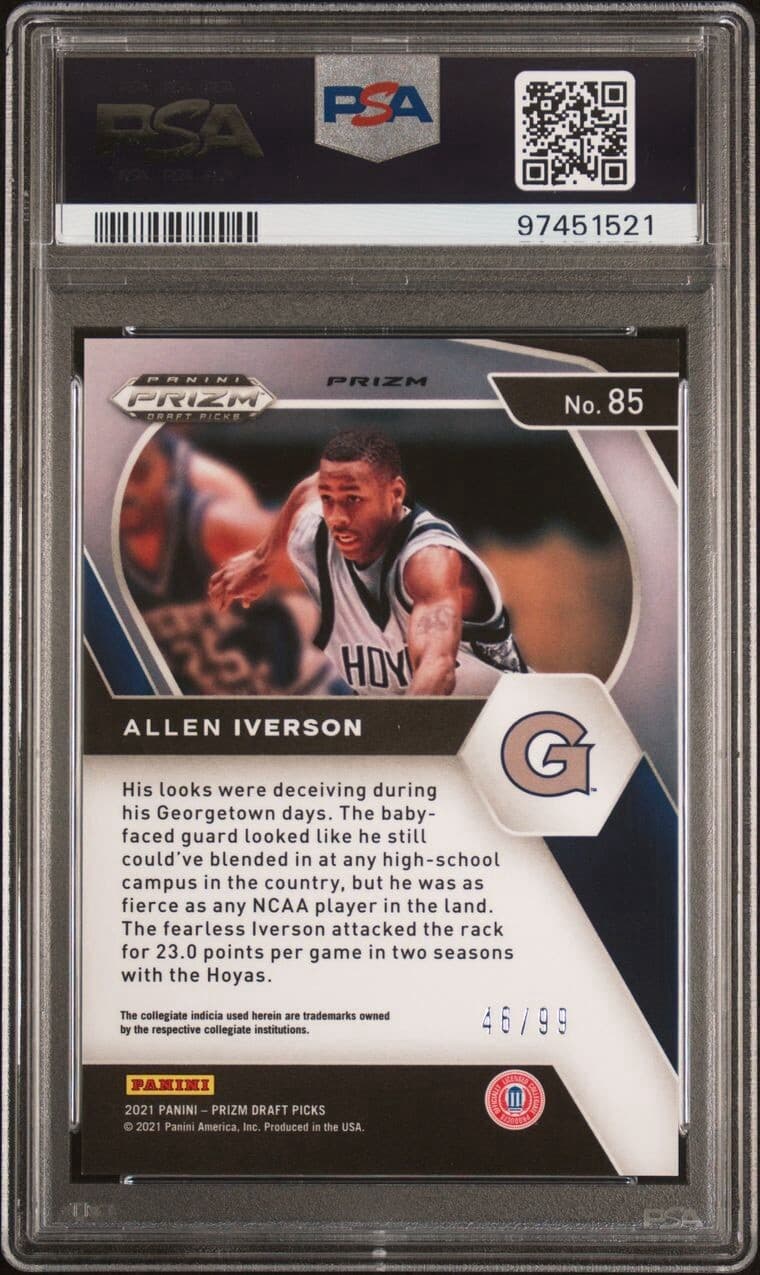 2021-22 Prizm Draft Picks - Blue Ice Prizm #85 Allen Iverson /99. PSA 9. Pop 2. 