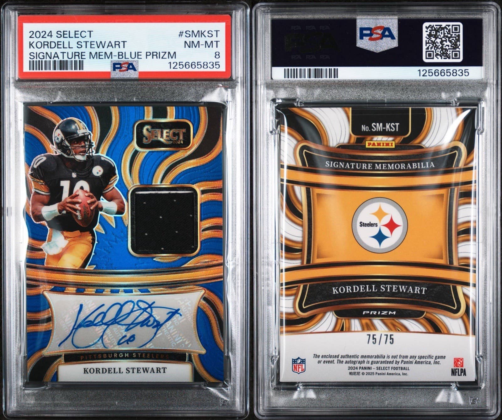 2024 SELECT SIGNATURE MEMORABILIA KORDELL STEWART BLUE PRIZM 75/75. PSA 8