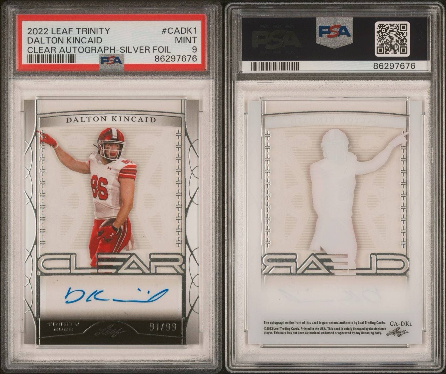 2022 Leaf Trinity Dalton Kincaid Clear Autograph-Silver Foil /99. PSA 9. Pop 1