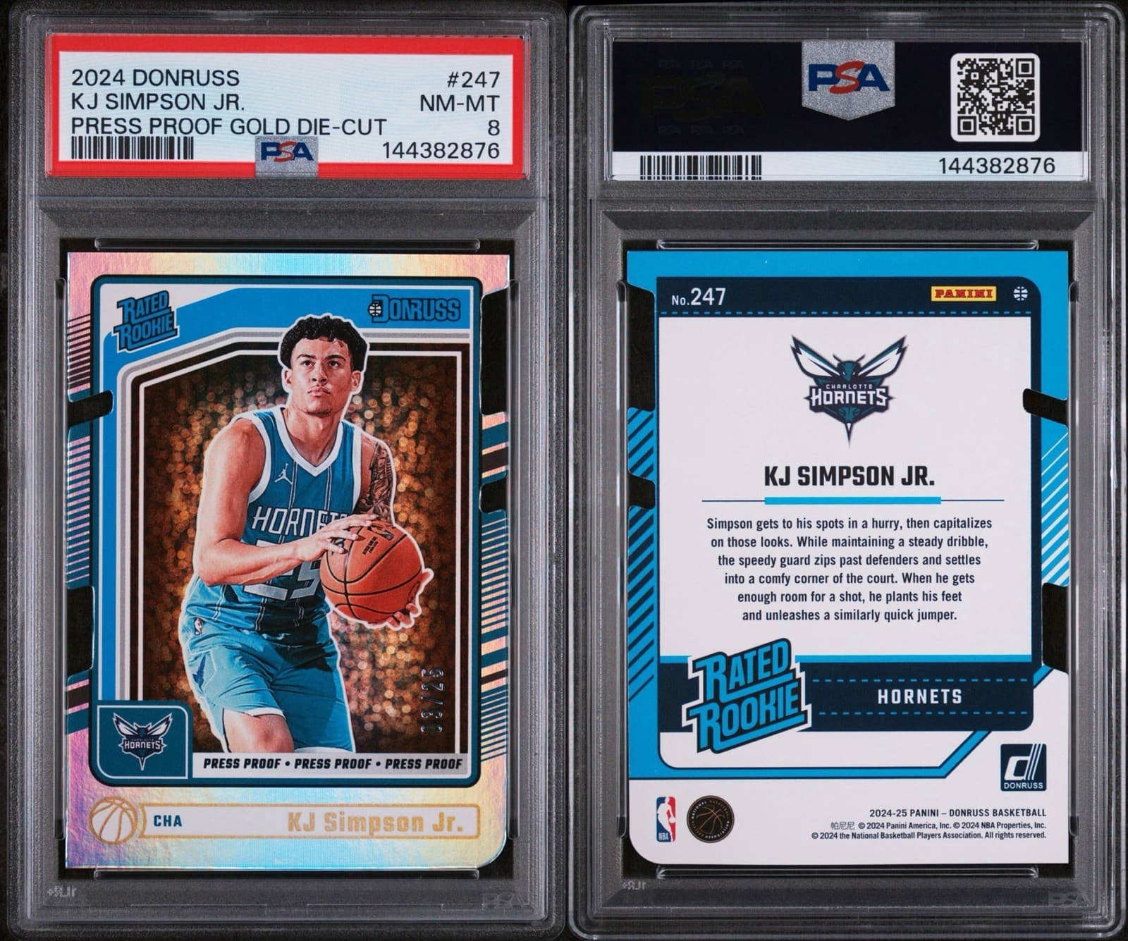 2024 Panini Donruss - KJ Simpson Jr. (RC) Press Proof Gold Die-Cut /25. PSA 8 NM