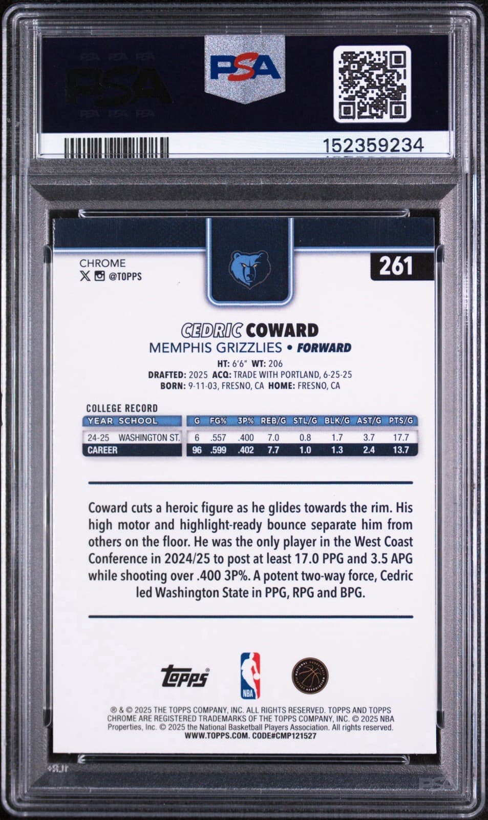 2025-26 Topps Chrome - Cedric Coward #261 RayWave Refractor (RC). PSA 8 NM - MT