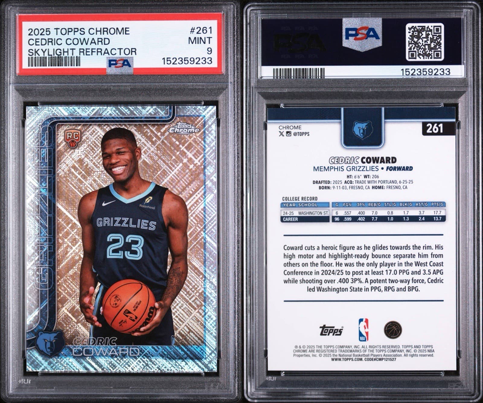 2025 TOPPS CHROME #261 - CEDRIC COWARD SKYLIGHT REFRACTOR (RC). PSA 9 MINT