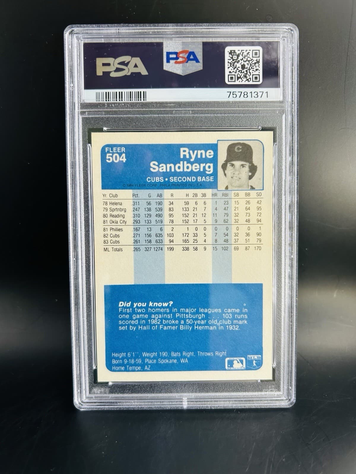 1984 Fleer - Ryne Sandberg #504. PSA 8 NM-MT