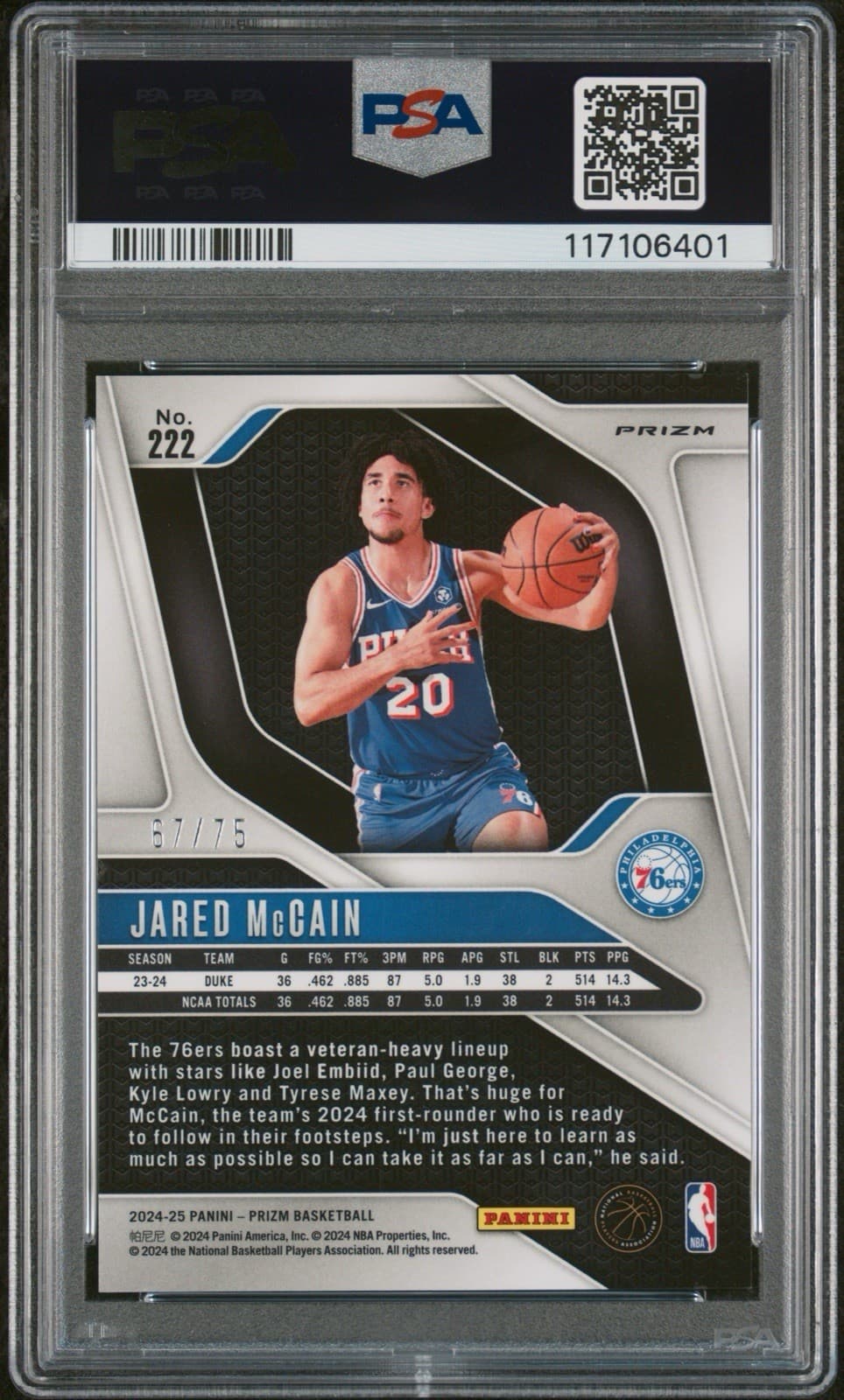 2024-25 Panini Prizm  Jared McCain (RC) Red Pulsar Prizm /75. PSA 8  NM - MT