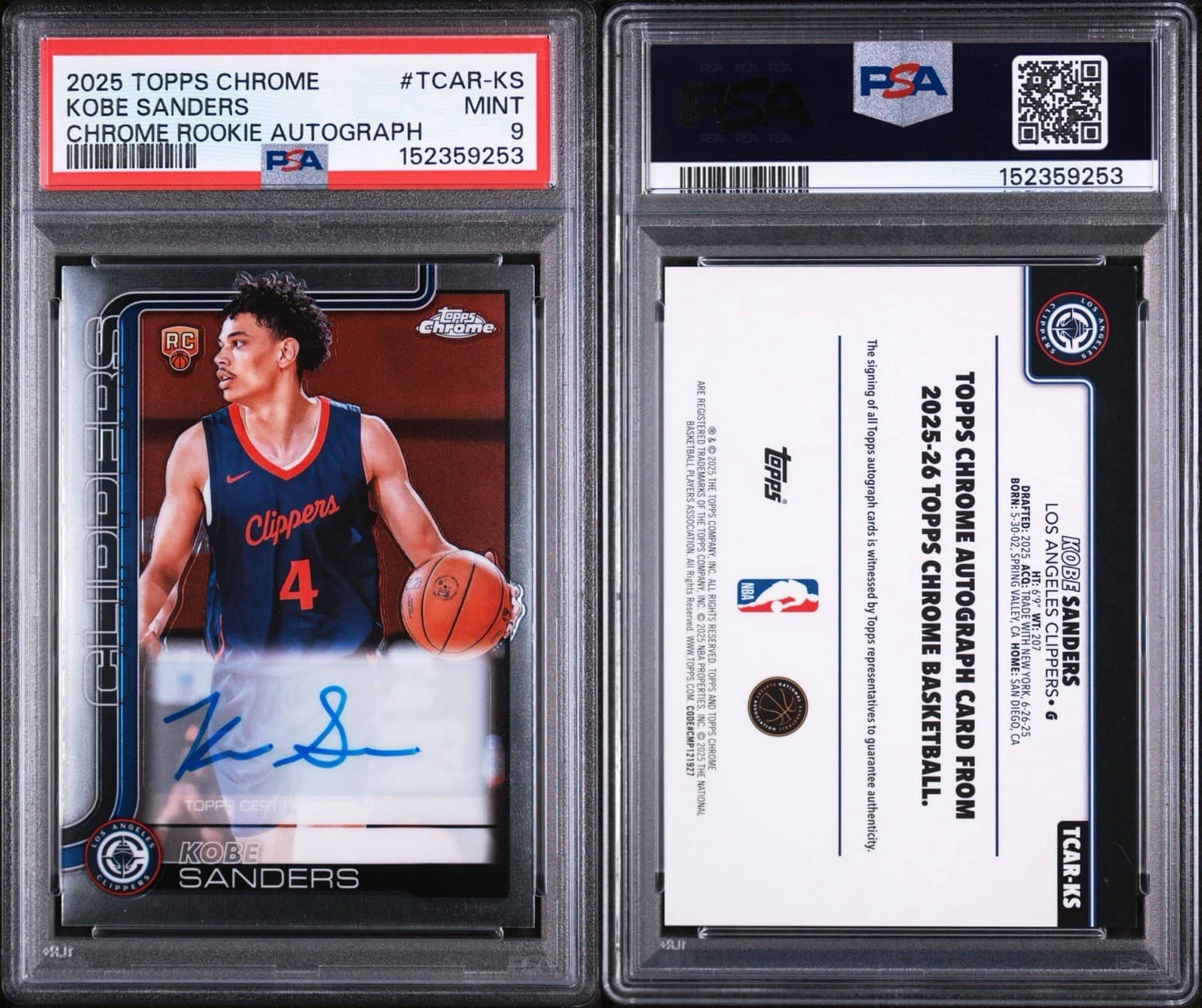 2025 Topps Chrome - Rookie Autographs Kobe Sanders #TCAR-KS (AU, RC). PSA 9 MINT