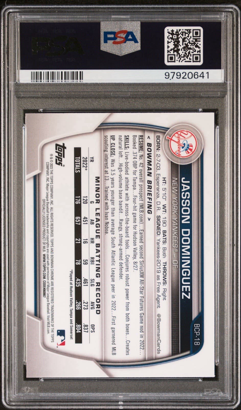 2023 BOWMAN MEGA BOX CHROME  #18 JASSON DOMINGUEZ RC. PSA 10 GEM MT