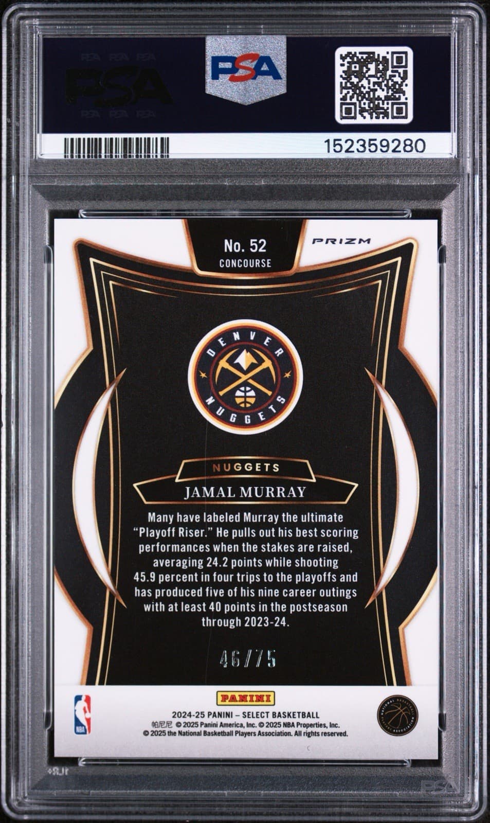 2024 PANINI SELECT #52 JAMAL MURRAY WHITE DISCO /75. PSA 10 GEM MINT