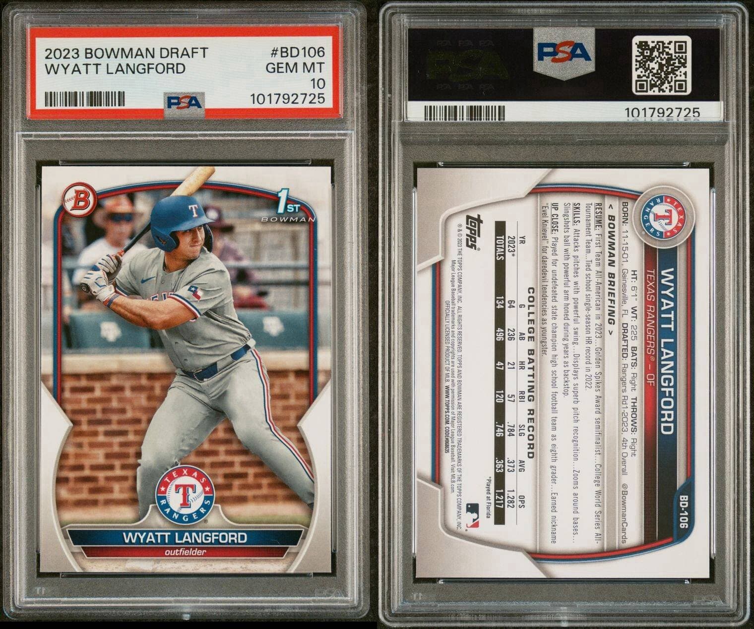 2023 Bowman Draft - #BD-106 Wyatt Langford (RC). PSA 10.