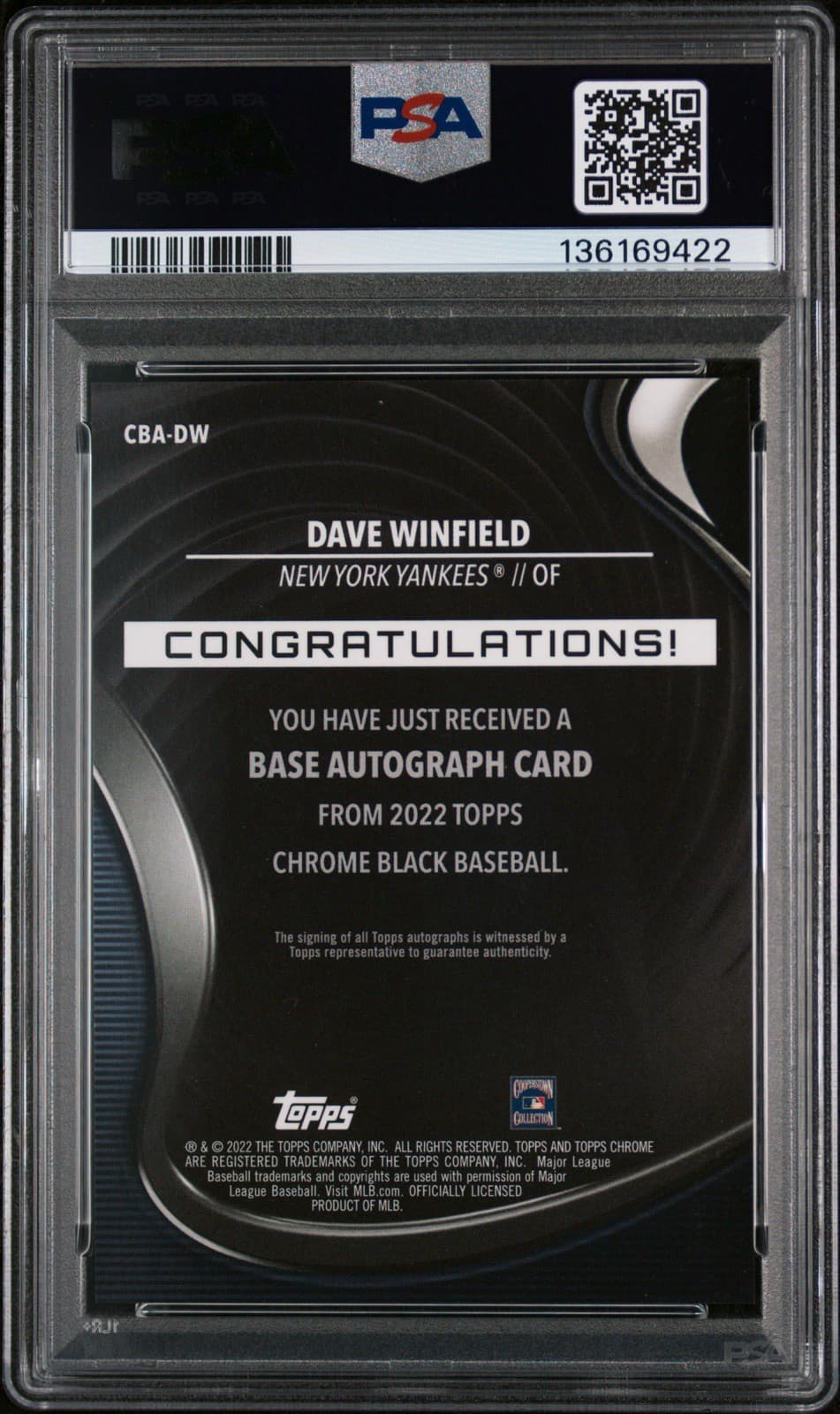 2022 Topps Chrome Black - Dave Winfield Autograph #CBA-DW. PSA 10 GEM.