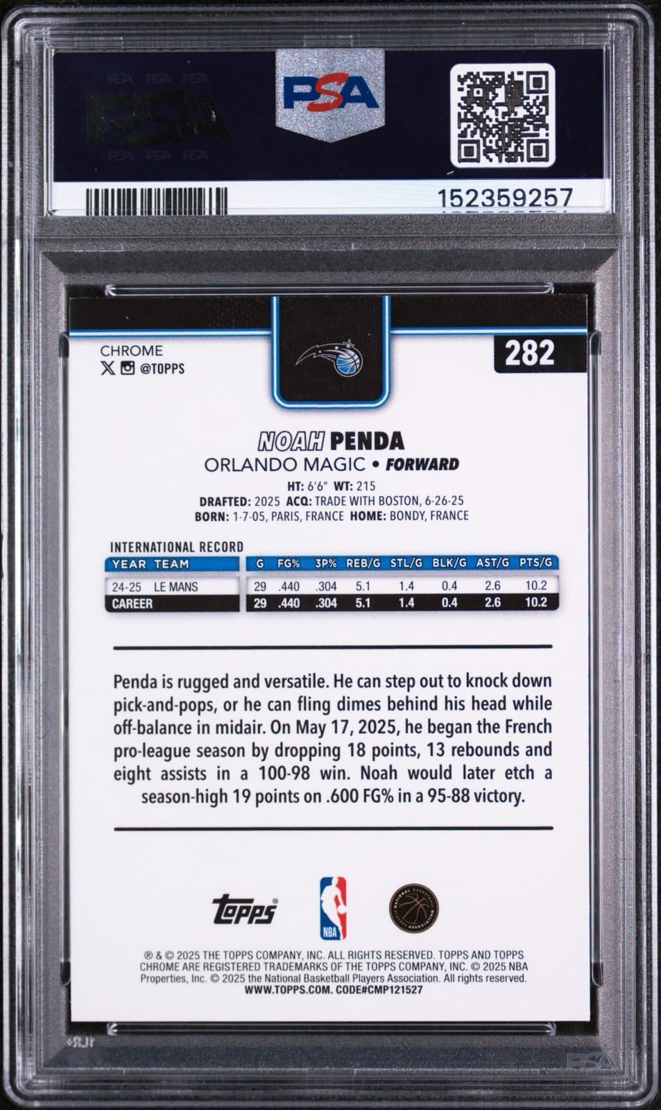 2025-26 Topps Chrome - Noah Penda #282 Aqua Refractor /199 (RC). PSA 9 MINT