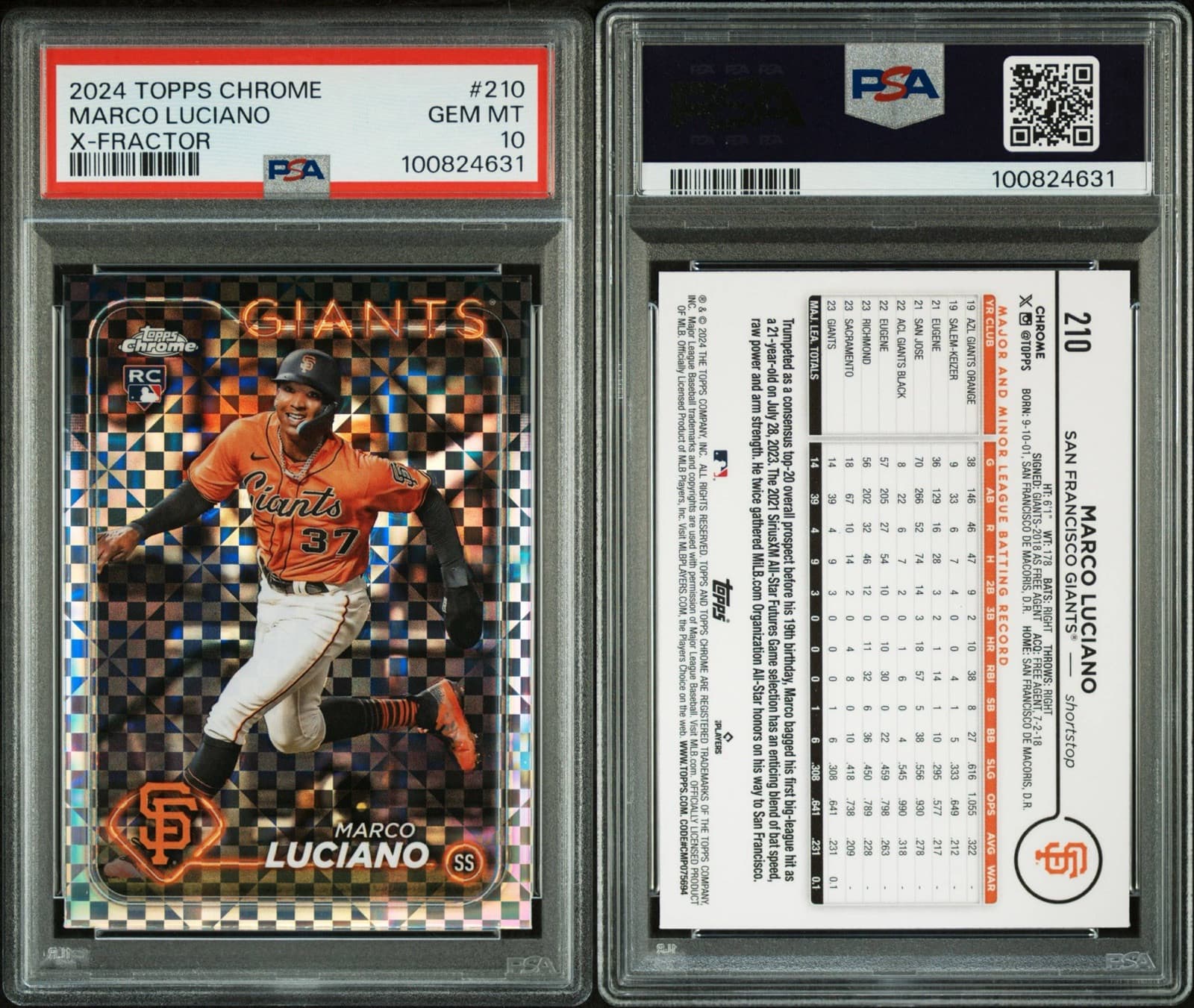 2024 Topps Chrome - X-Fractor #210 Marco Luciano (RC). PSA 10. Pop 5!