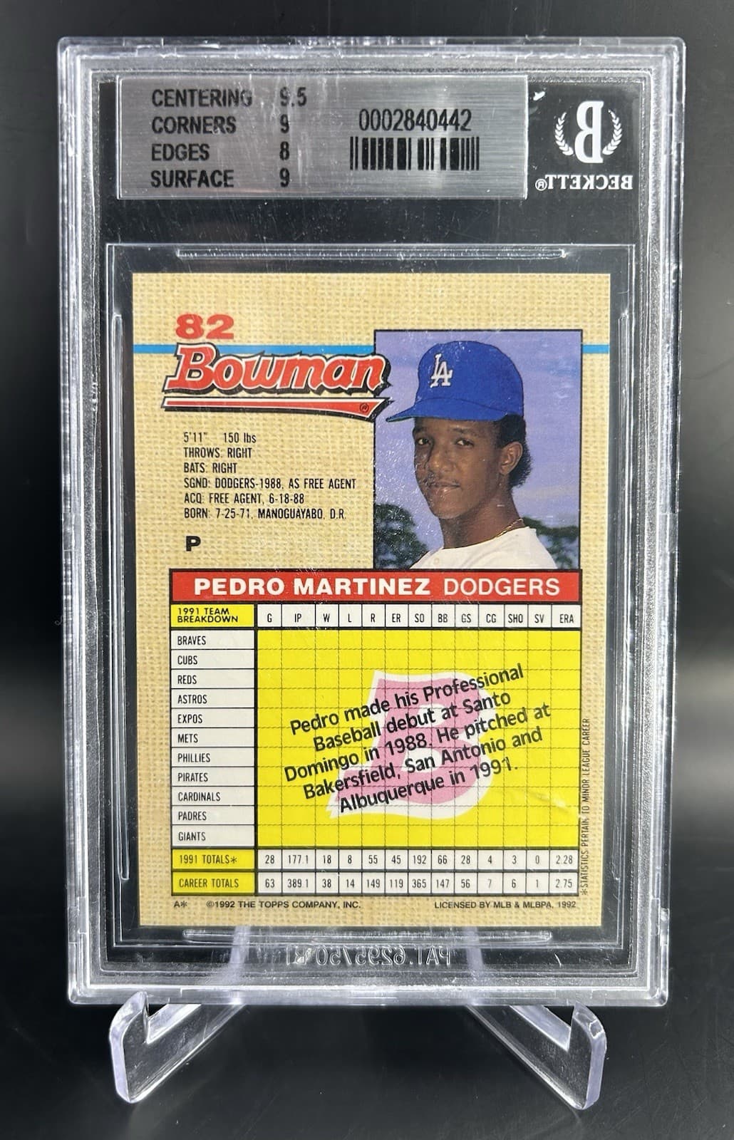 1992 Bowman - Pedro Martinez #82 (RC). BGS 8.5 NM - MT+
