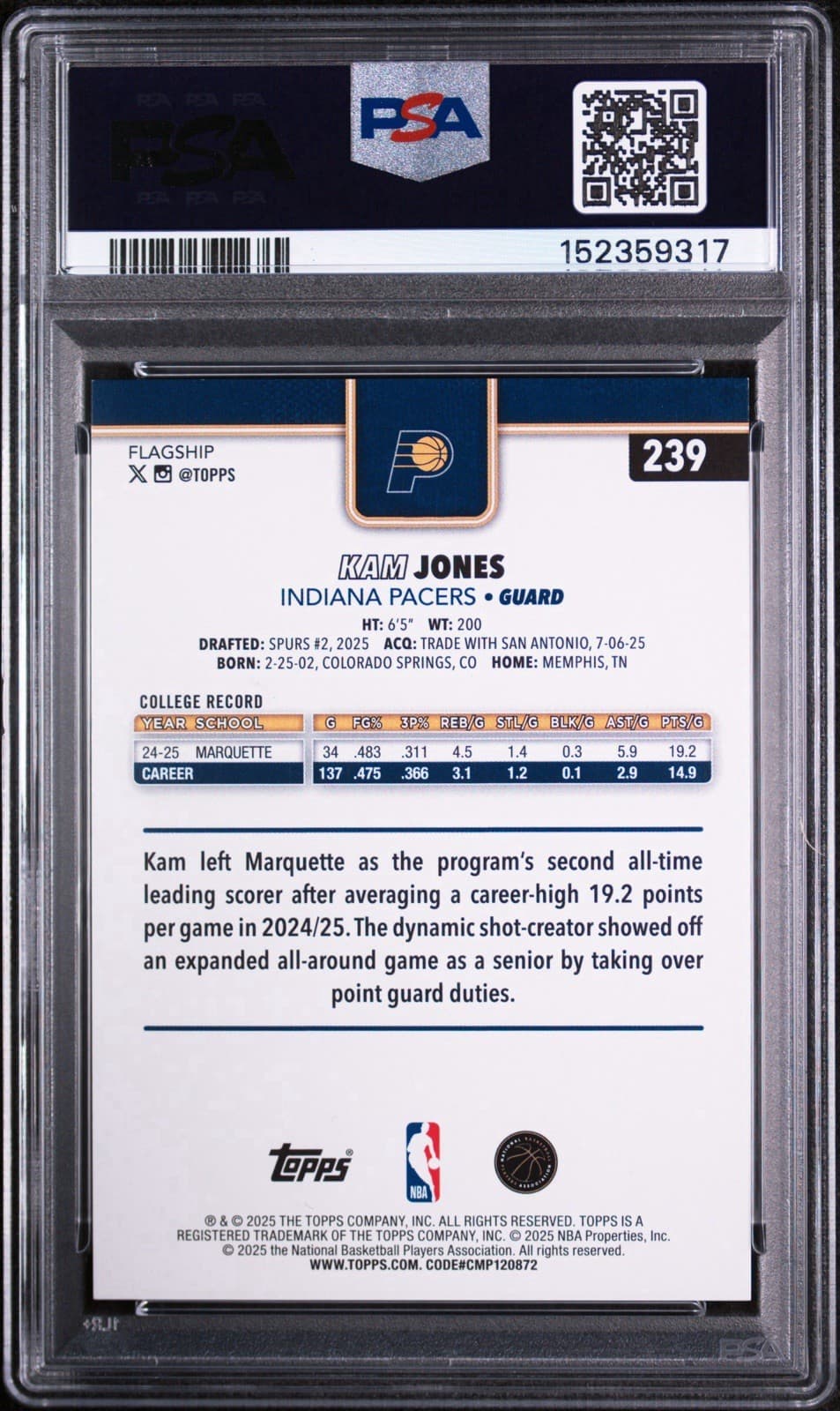 2025-26 Topps - Kam Jones #239 (RC) Season Tip-Off Orange Foilboard /25. PSA 9