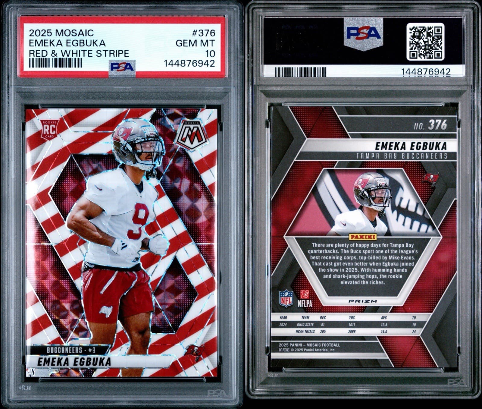2025 Panini Mosaic - Rookies Emeka Egbuka Red & White Stripe Prizm (RC). PSA 10