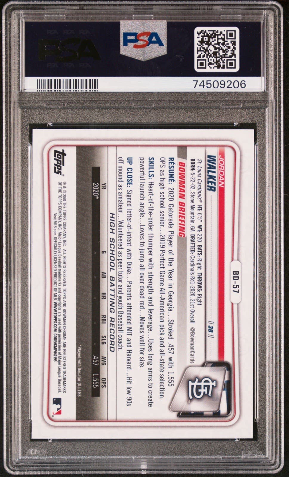 2020 Bowman Draft - Chrome Jordan Walker #BD-57 (RC). PSA 10 GEM MT