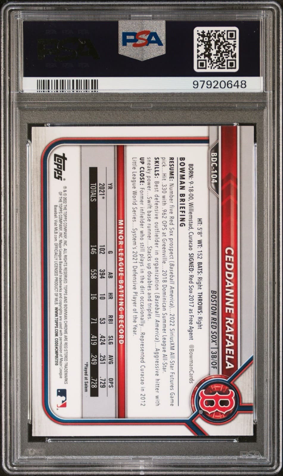 2022 Bowman Draft - Chrome B&W RayWave Refractor Ceddanne Rafaela. PSA 9. Pop 3!