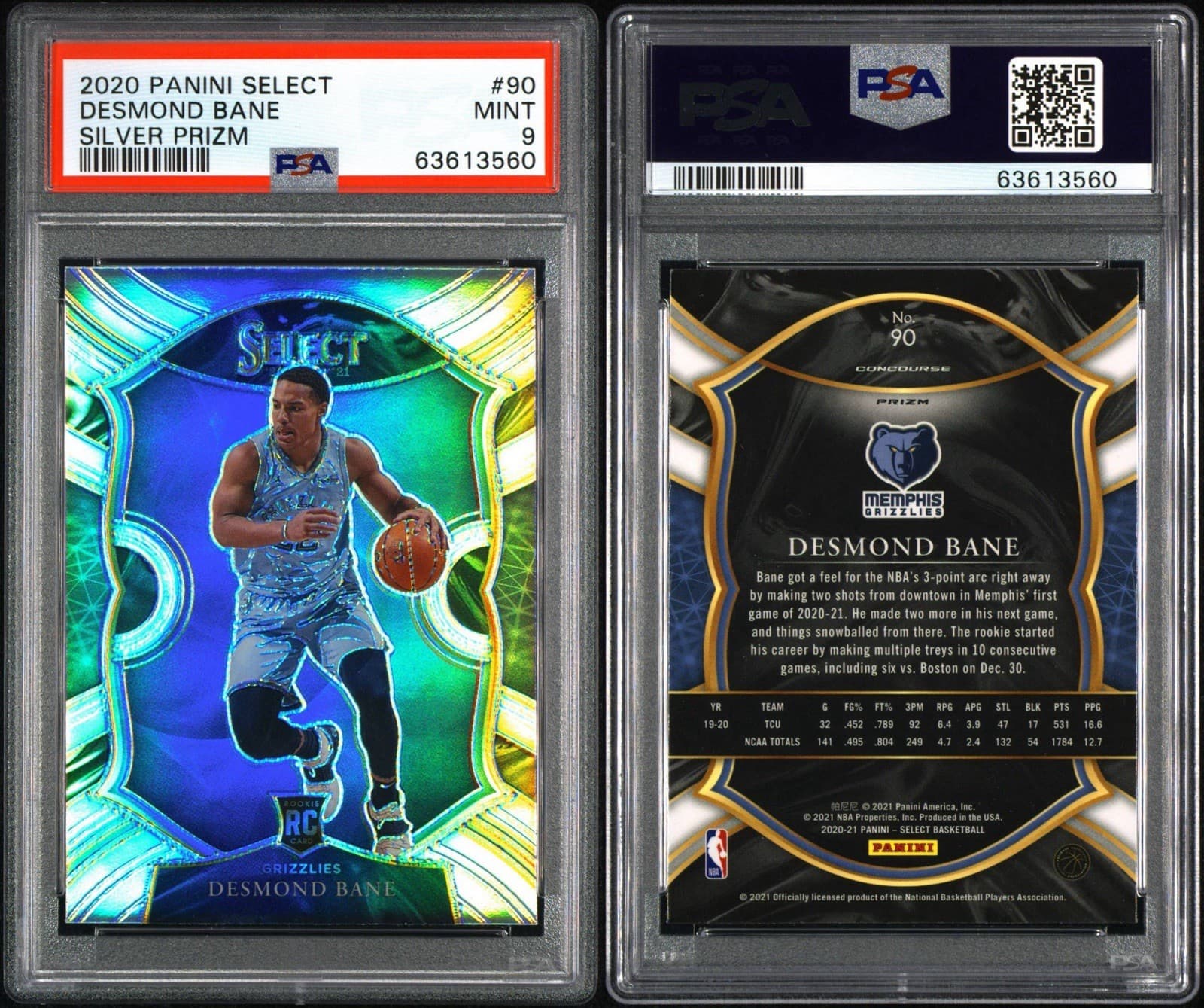 2020-21 Panini Select - Concourse Desmond Bane #90 Silver Prizm (RC). PSA 9 MINT