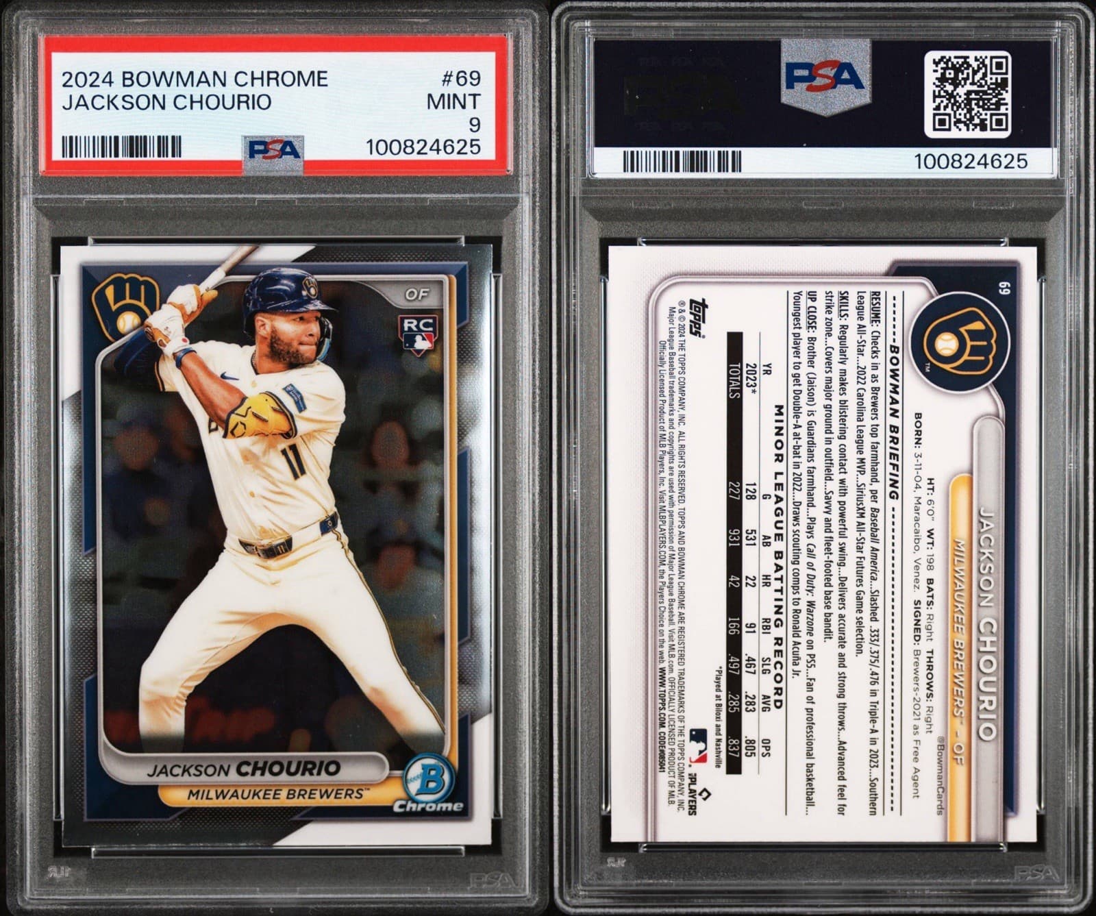 2024 Bowman Chrome - Jackson Chourio #69 (RC). PSA 9 Mint.