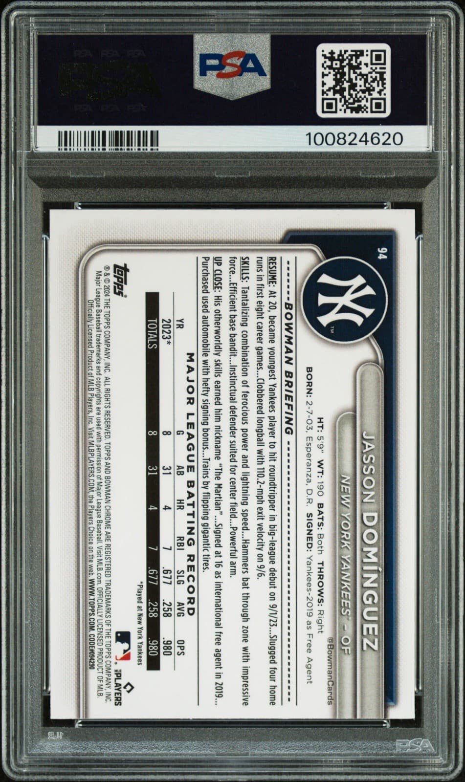 2024 Bowman Chrome - Jasson Dominguez #94 Mojo Refractor (RC). PSA 9 Mint.