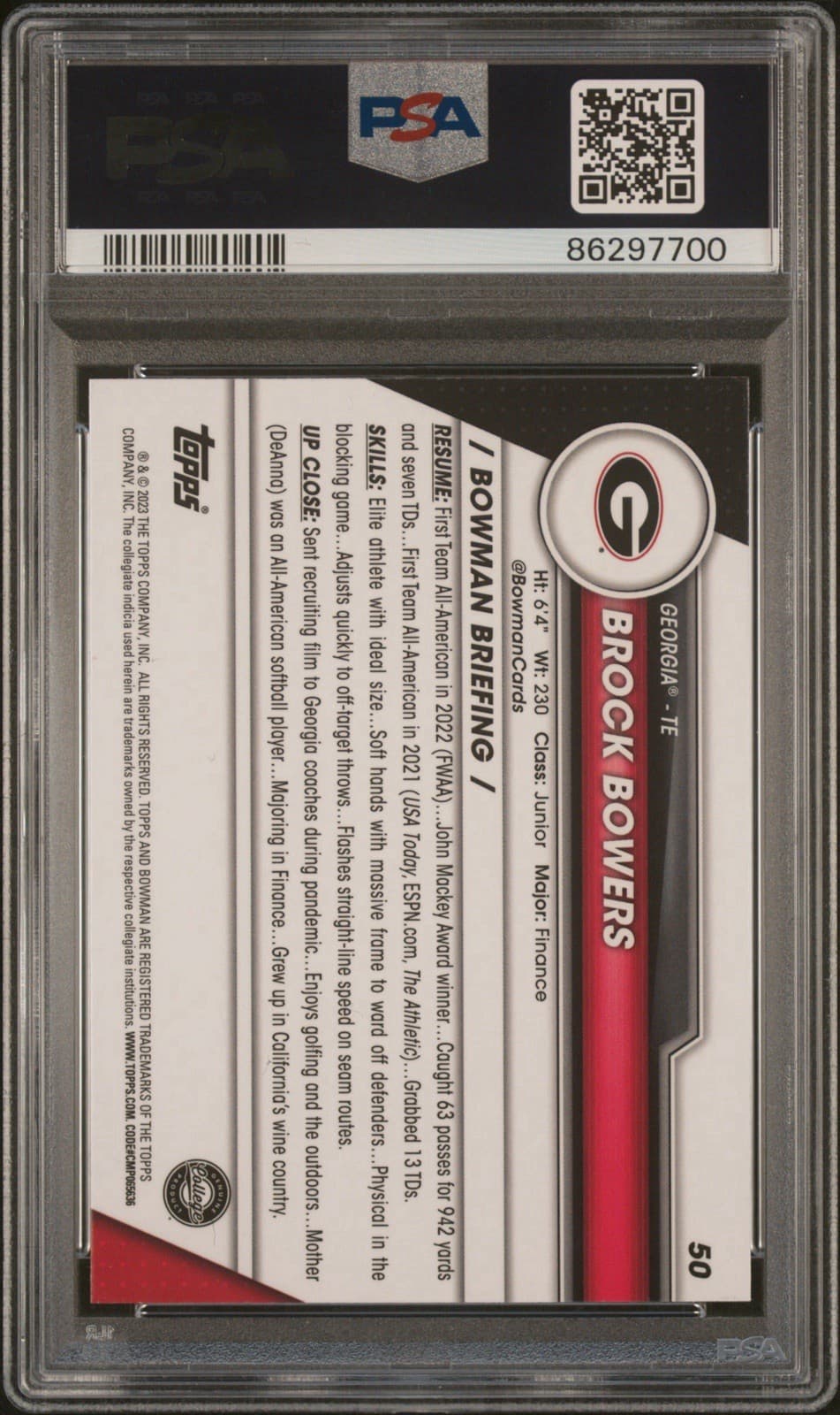 2023 Bowman University Chrome - Brock Bowers #50 (RC). PSA 8 NM - MT