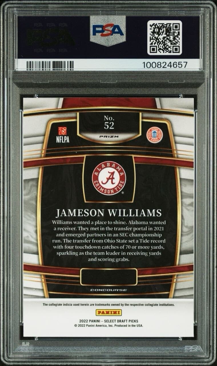 2022 Select Draft Picks Jameson Williams #52 Silver PSA 10 Pop 2 Alabama, Lions