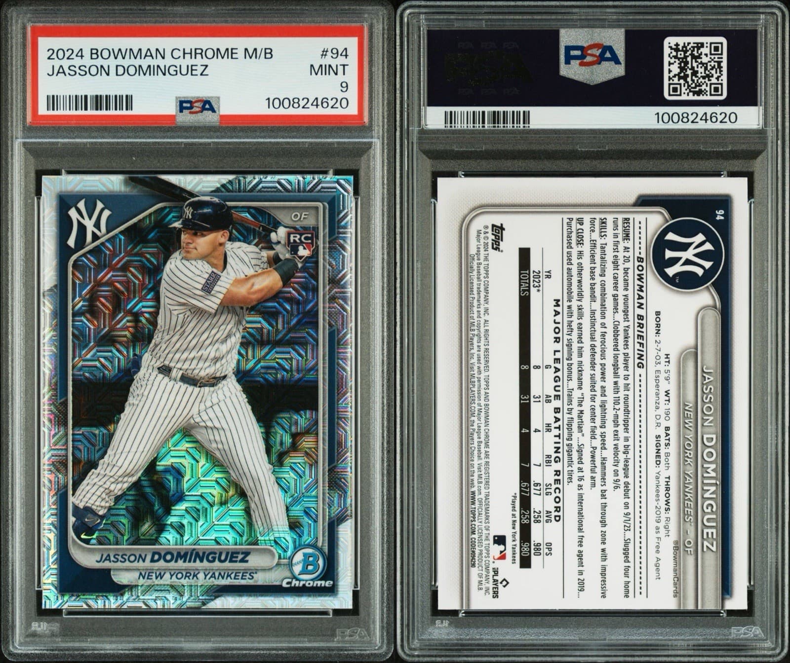 2024 Bowman Chrome - Jasson Dominguez #94 Mojo Refractor (RC). PSA 9 Mint.