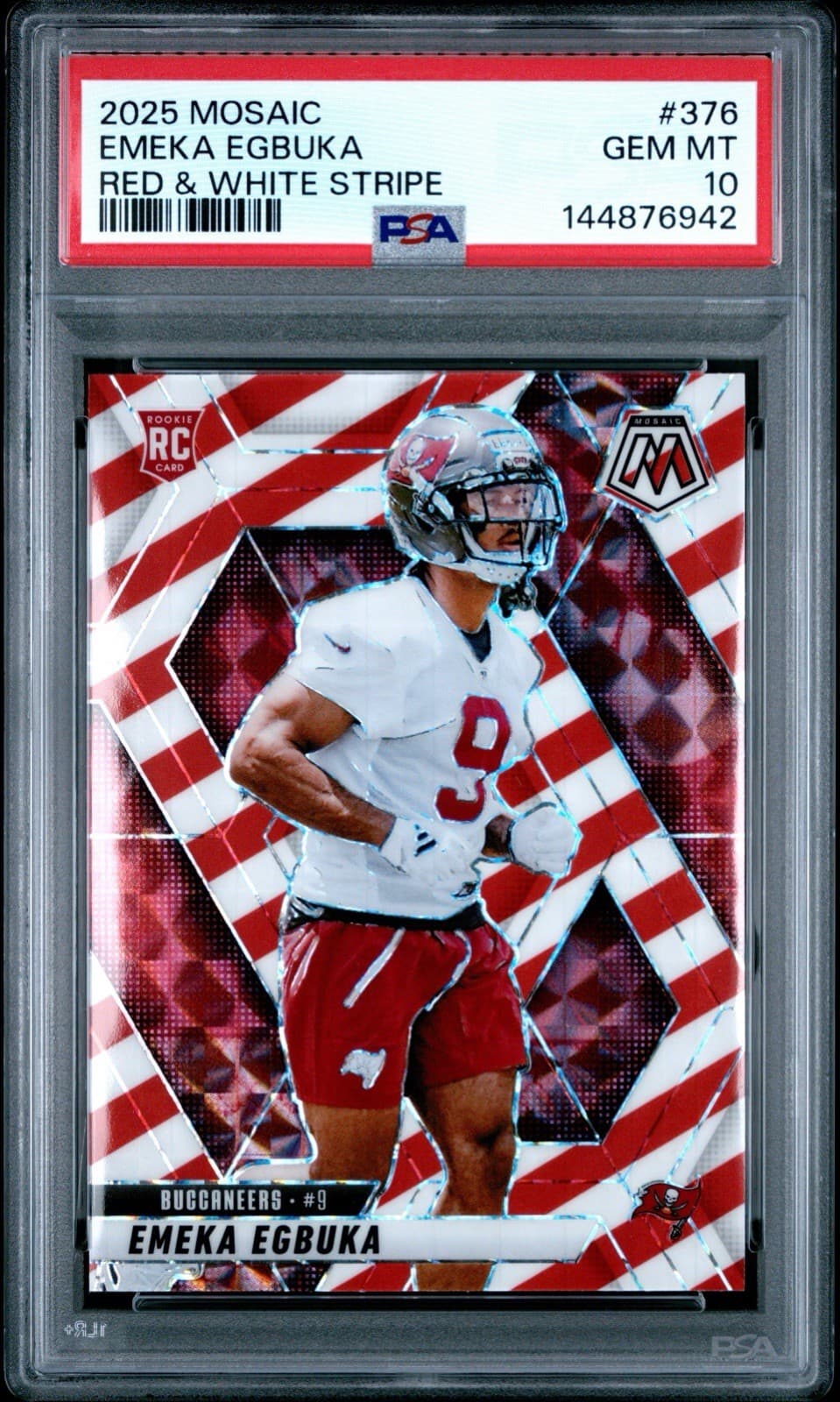 2025 Panini Mosaic - Rookies Emeka Egbuka Red & White Stripe Prizm (RC). PSA 10