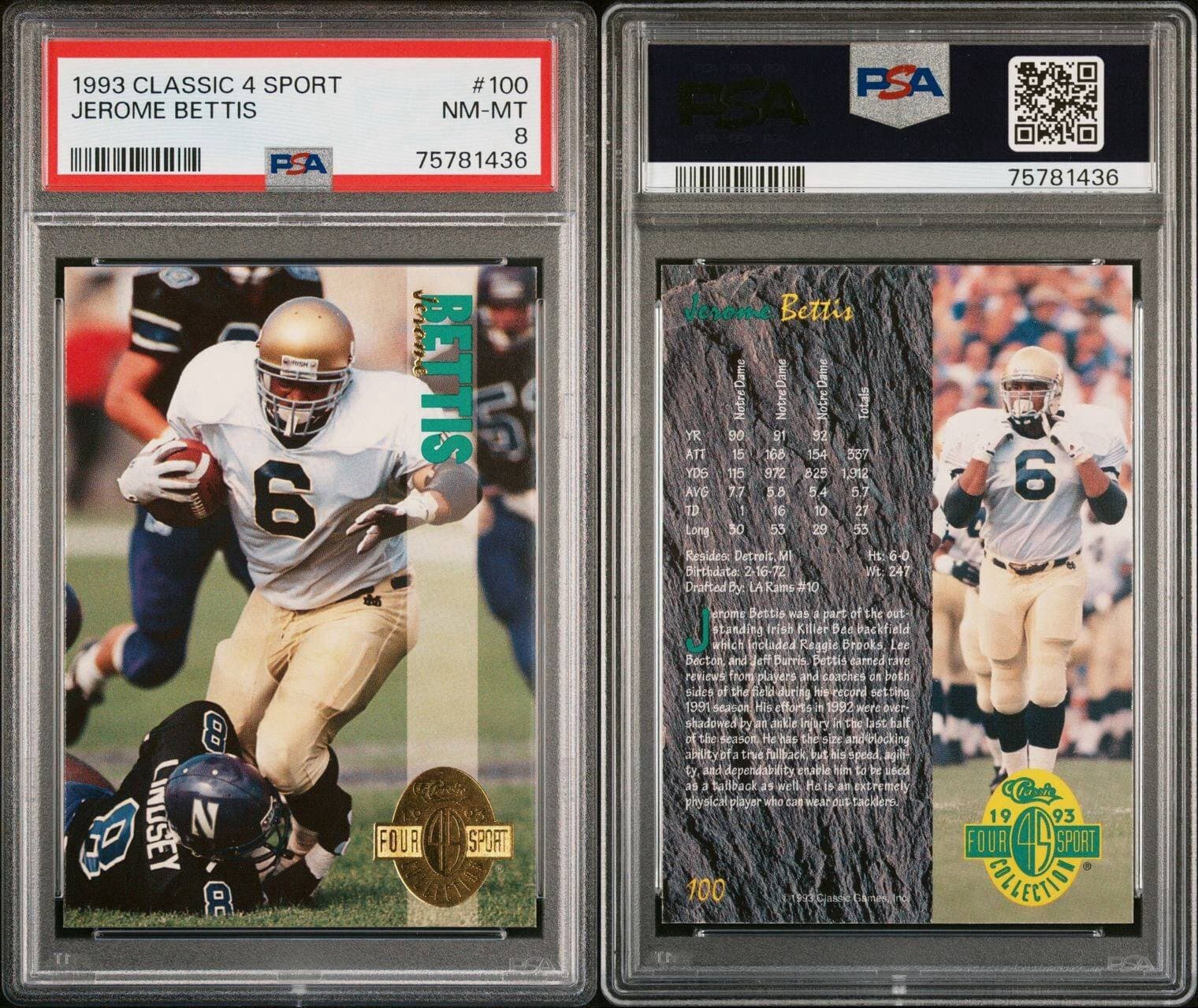 1993 CLASSIC 4 SPORT JEROME BETTIS ROOKIE PSA 8 MINT #100 LOS ANGELES RAMS HOF